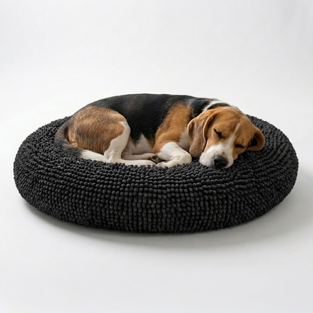 Muddy Mat® Cloud K-9 Bed for Dogs & Cats, Soft & Relaxing Donut Dog Bed, Chenille Material, Removable Cover, Washable & Dryer Safe–Black Small(25'x25')