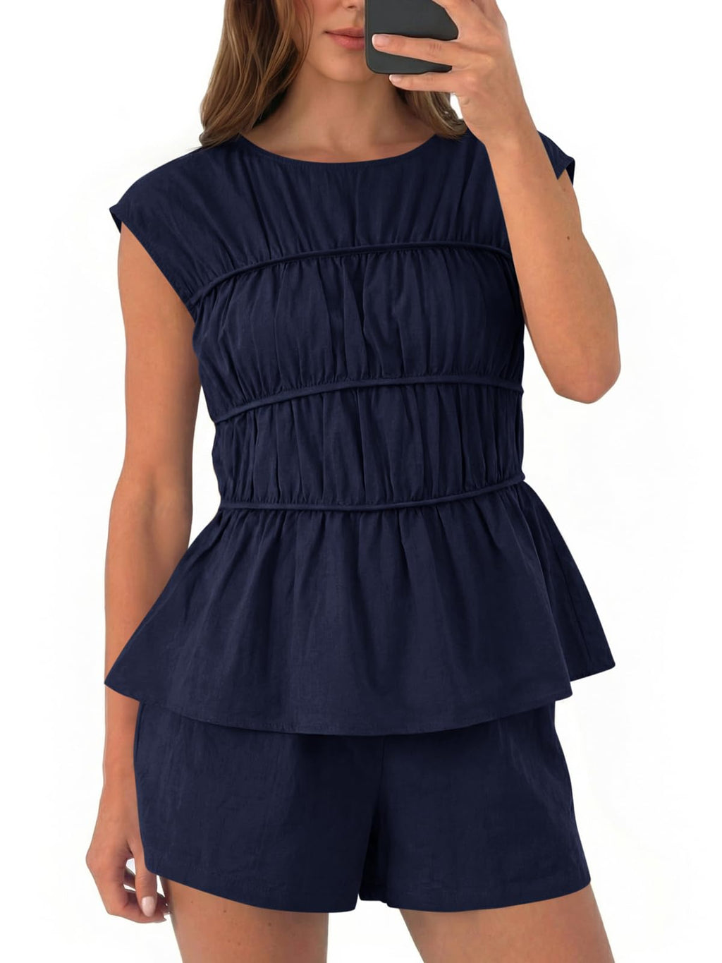 Tankaneo Womens Summer Smocked 2 Piece Short Sets Cap Sleeve Babydoll Peplum Blouse Casual Matching Set Vacation Outfits