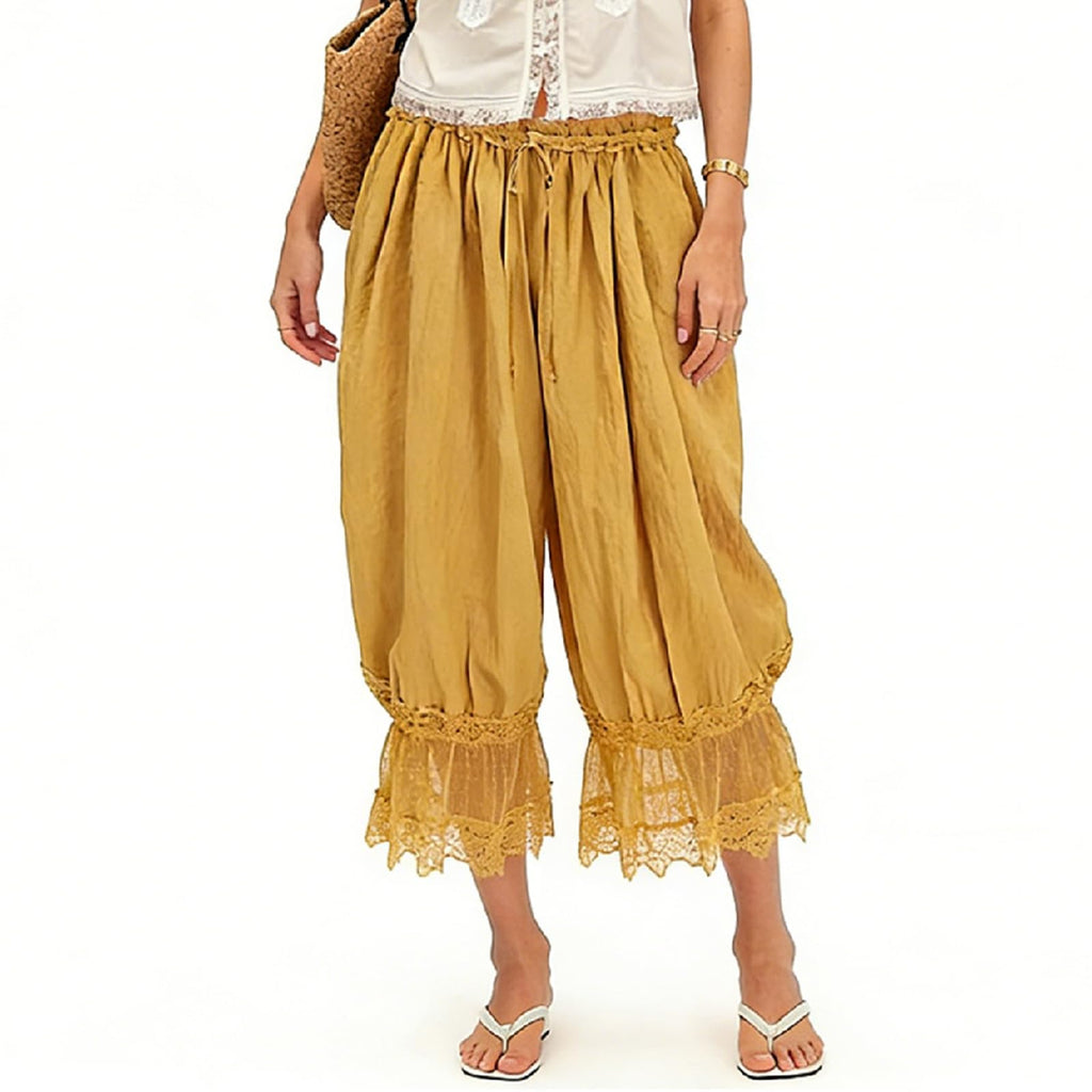 Women Bloomers Pants Y2K Flare Lace Trim Vintage Pantaloons Cute Ruffled Pumpkin Pants Capri Pajama Bottoms