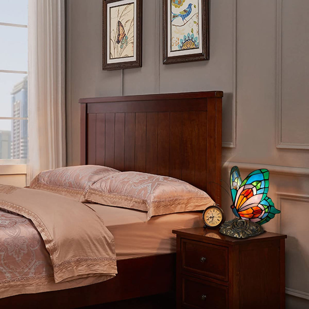 Bedside Table Lamp LED Tiffany Blue Fairy Butterfly Nightstand Table Lamps Stained Glass Shade ON Off Switch Home Office Desk Lamp Night Light Girl Grandma Mothers Day Gifts W/Gift Box