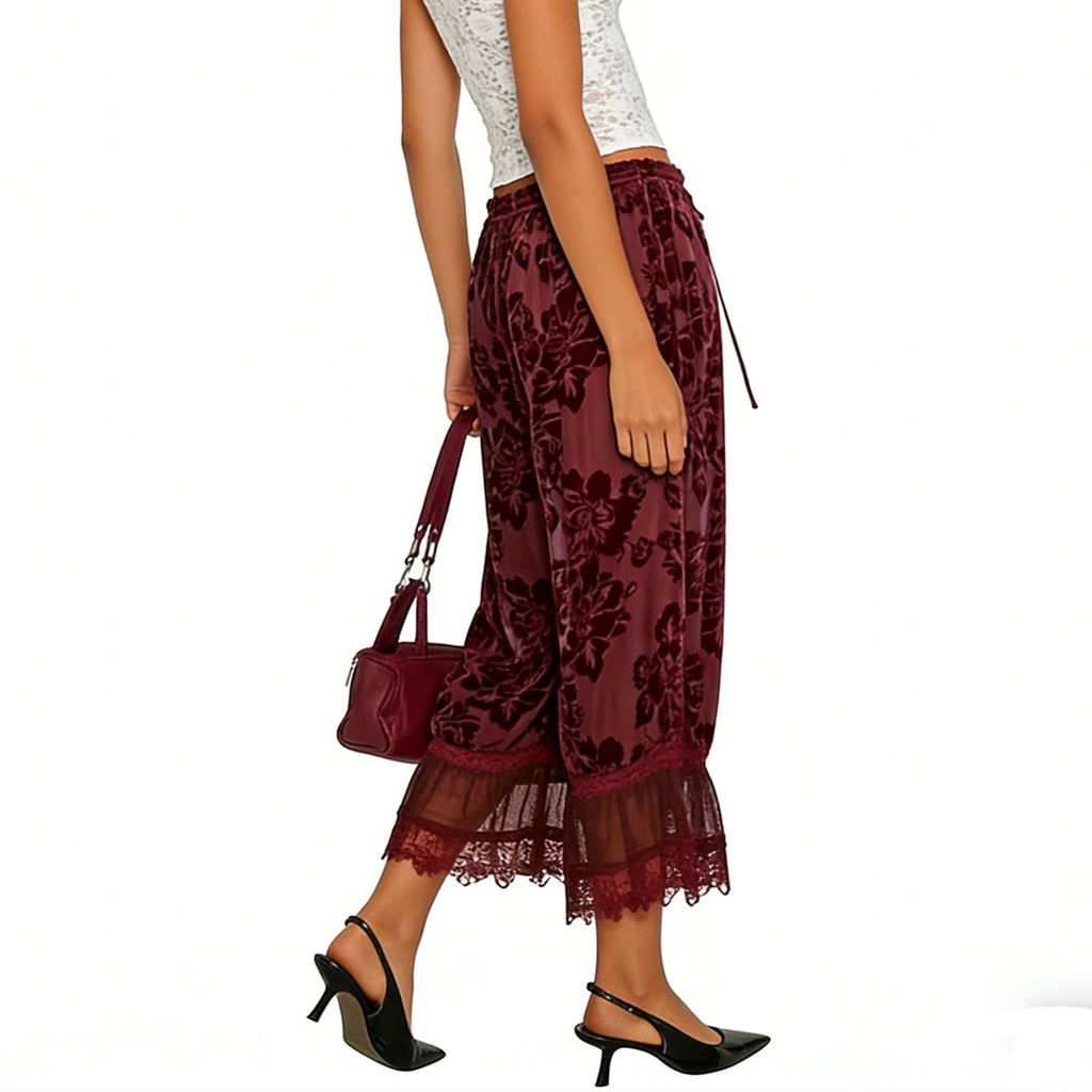 Women Lace Trim Long Bloomers Y2k Elastic Mid Rise Floral Ruffle Pantaloons Flared Slips Pants Pajama Bottoms