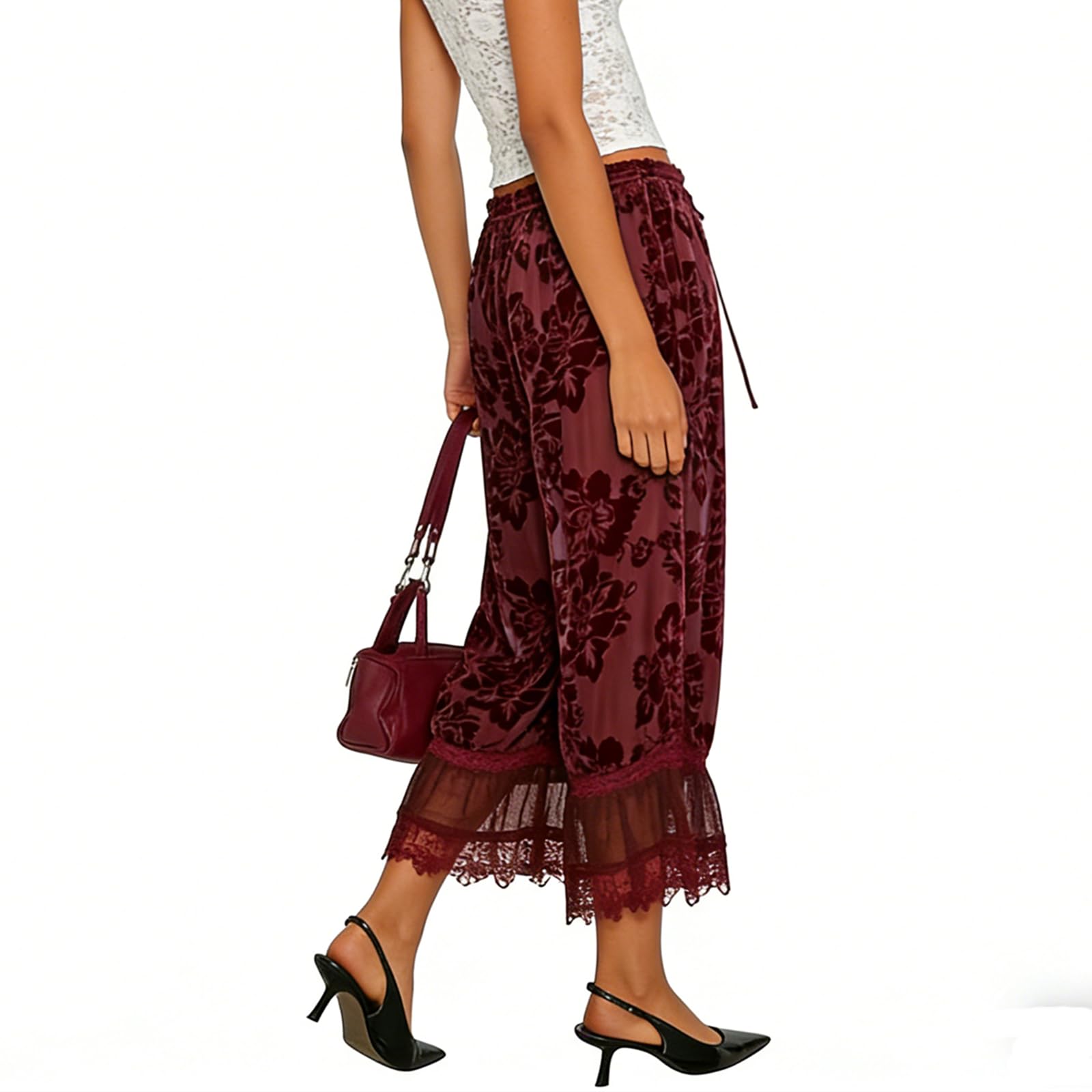 Women Lace Trim Long Bloomers Y2k Elastic Mid Rise Floral Ruffle Pantaloons Flared Slips Pants Pajama Bottoms