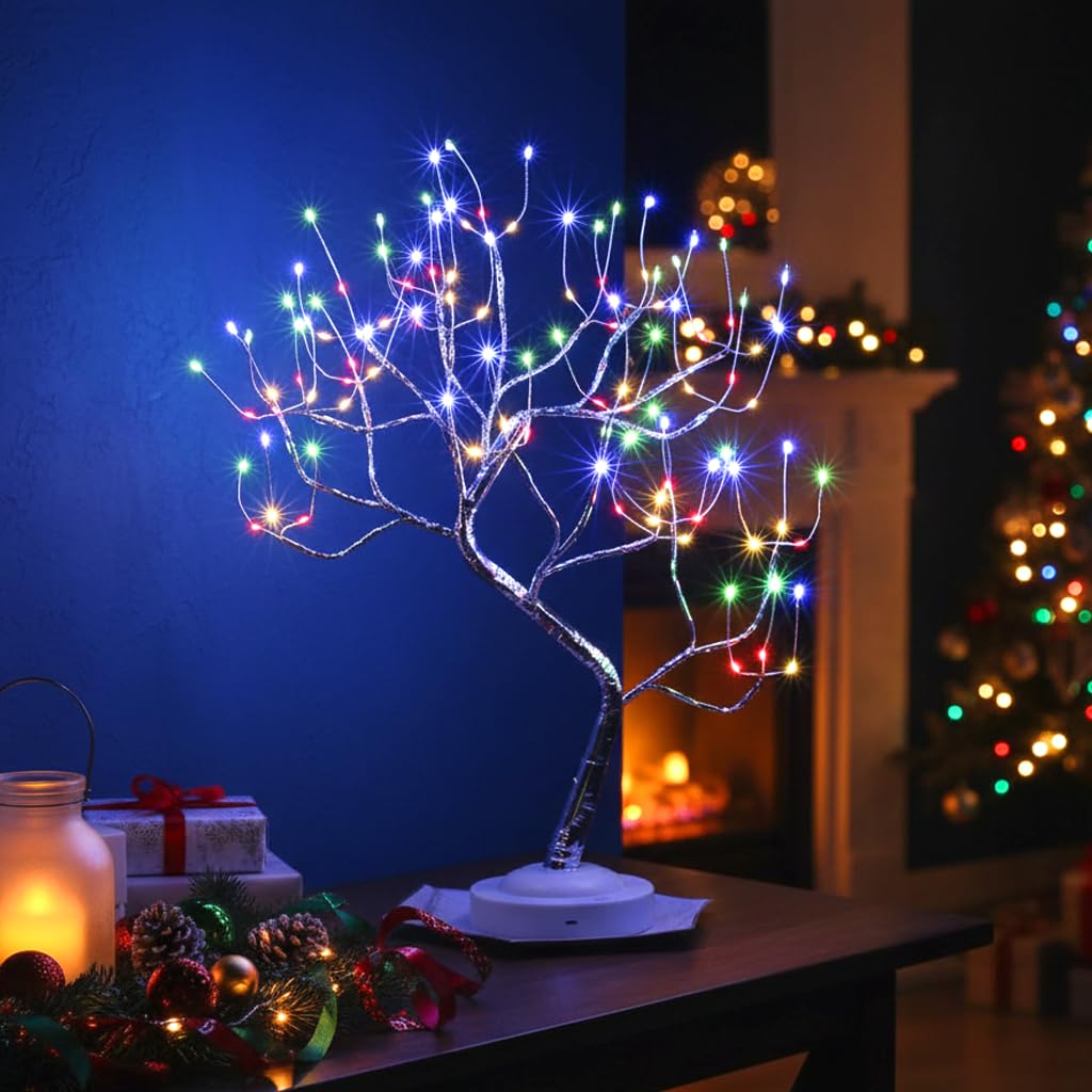 FuChsun Tabletop Bonsai Tree Light 108 LED Fairy Artificial Tree Lamp fot Room Party Home Centerpieces Decoration, Battery/USB Operated (Galaxy Glow Silver Branch)