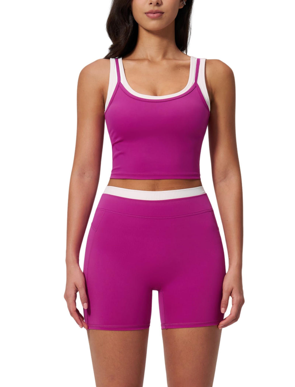 Women 2 Piece Workout Sets Racerback Color Block Tank Top High Waist Tummy Control Shorts Yoga Outfits