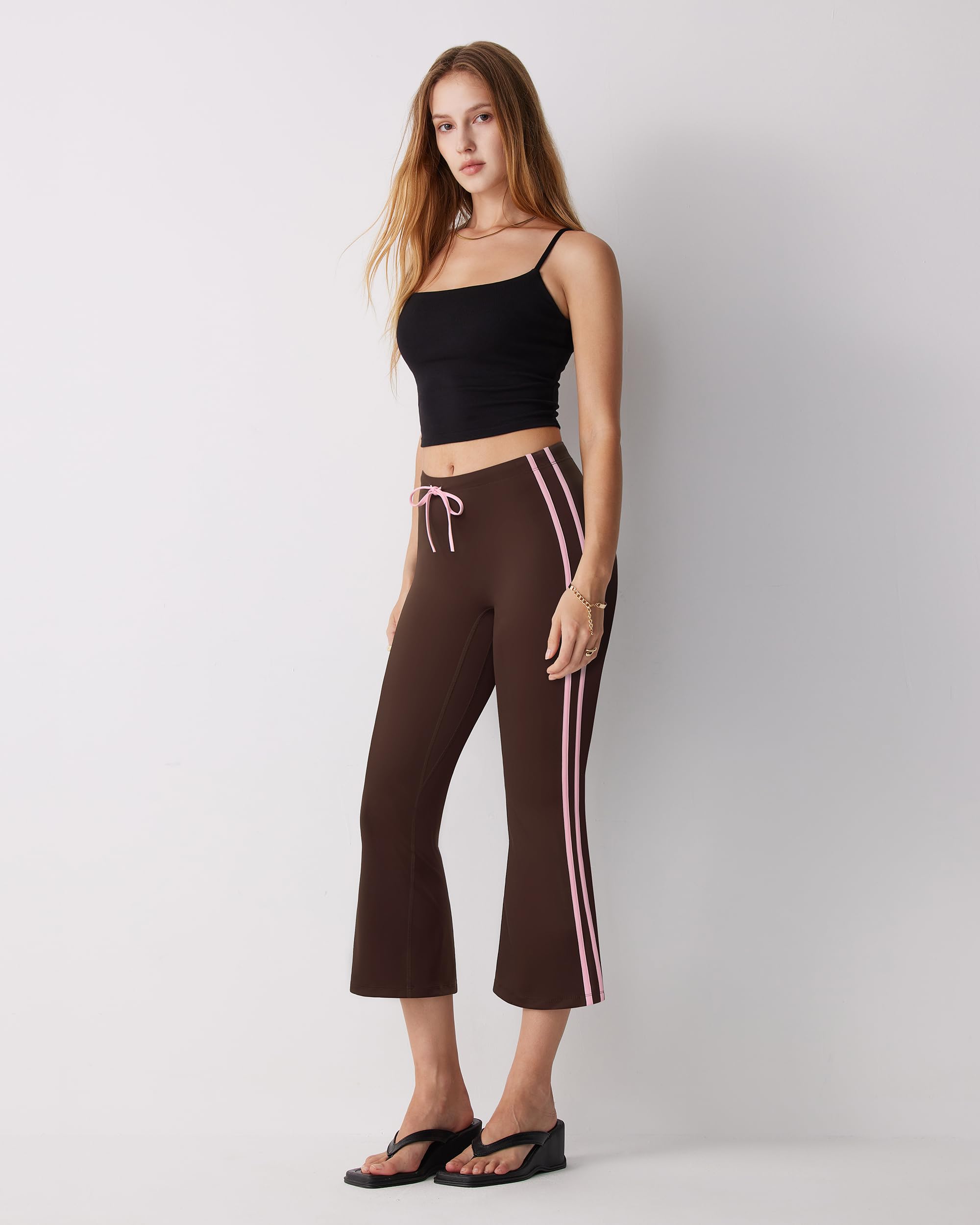MOOSLOVER Women Flare Capri Yoga Pants High Waisted Side Stripe Drawstring Bootcut Flared Cropped Leggings