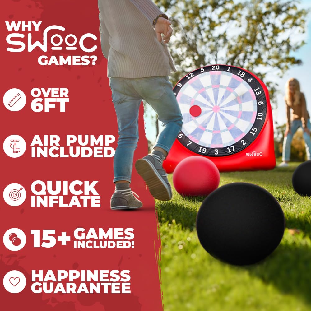Swooc Games - Premium Inflatable Giant Kick Darts (15+ Ways to Play) - Jumbo Soccer Dartboard with Air Pump - Big Carnival Games - Giant Outdoor Games - Oversized Dart Board Yard & Lawn Game