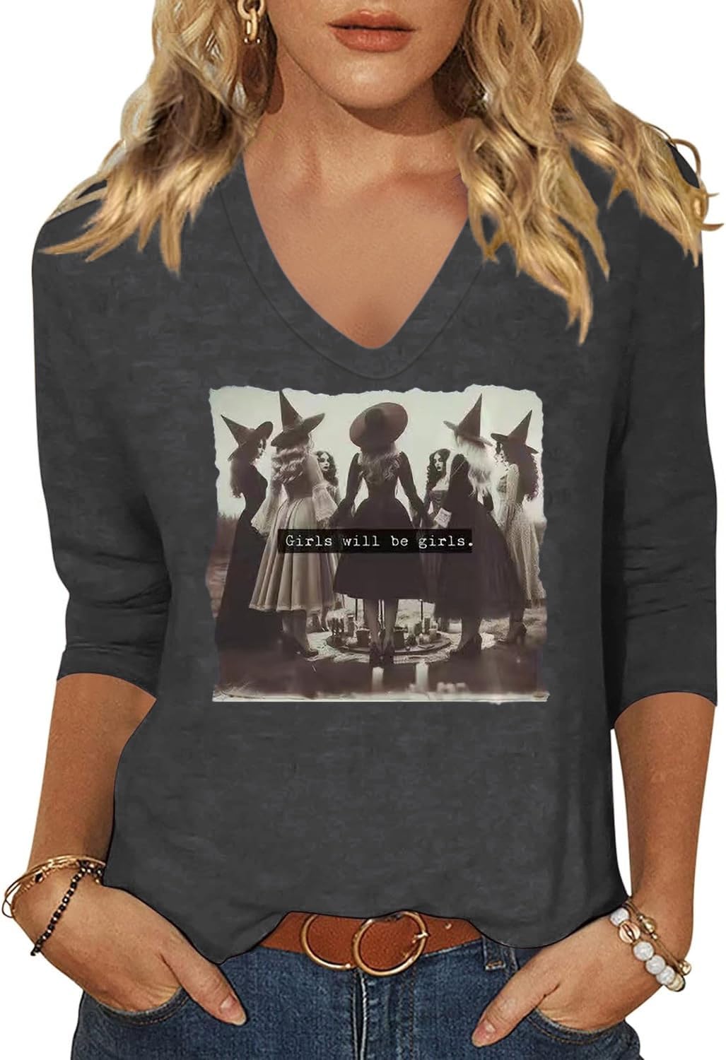 Women's Fall Halloween V Neck Shirt, Hocus Focus Graphic Tee | 3/4 Sleeve, Vintage, Funny Family Party Matching,Casual Holiday Tops,Spooky Season Tee