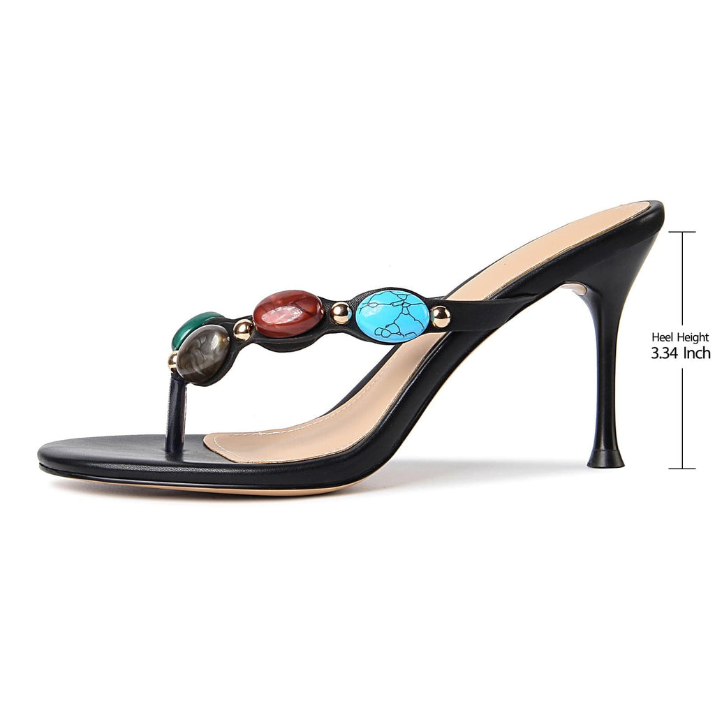 DREAMSTORY Women's Jeweled Thong Strappy Heels Sandals Comfortable Round toe High Heel Dressy Summer Sandals for Wedding Party Beach Flip Flops Slip On Casual Shoes Wear