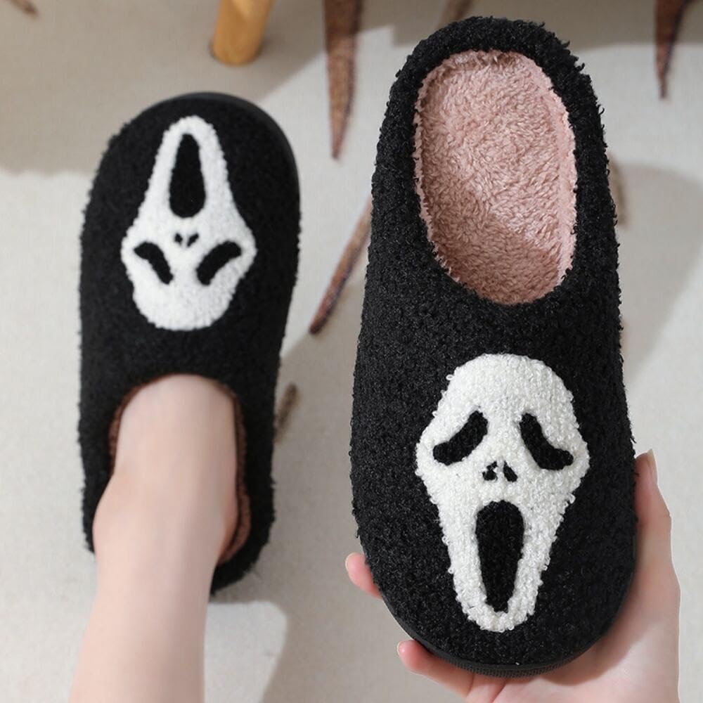 Halloween Slippers for Women Retro Soft Cozy Comfy Plush Lightweight Slip-on Indoor Outdoor Anti-Skid Sole Christmas House Shoes