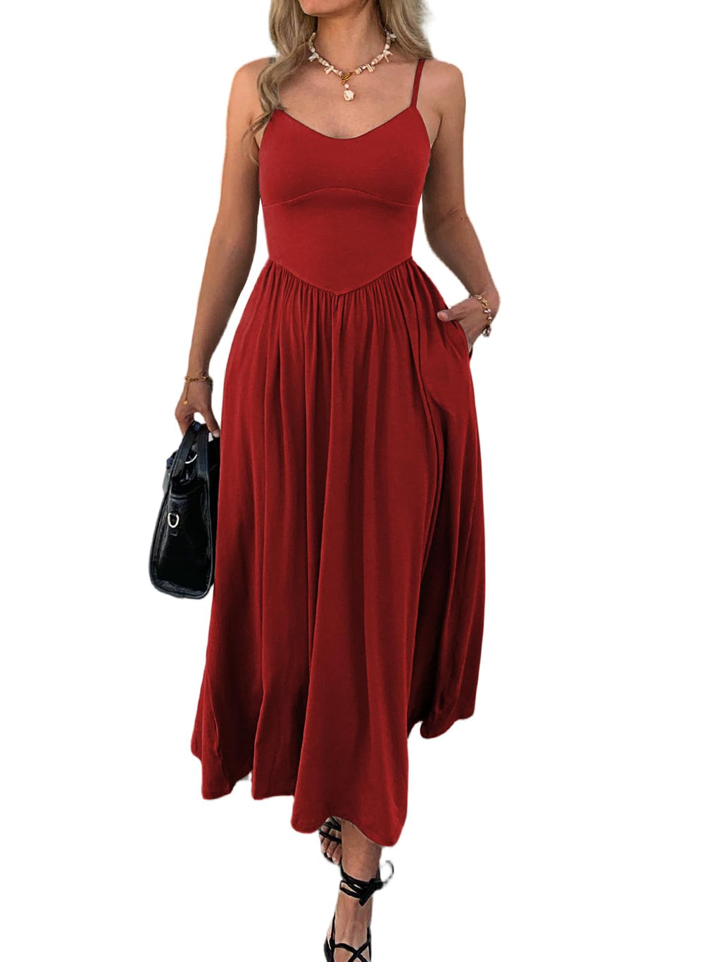 Womens Spaghetti Strap Maxi Dresses Summer Casual Sleeveless A Line Long Flowy Dress with Pockets Beach Sundresses