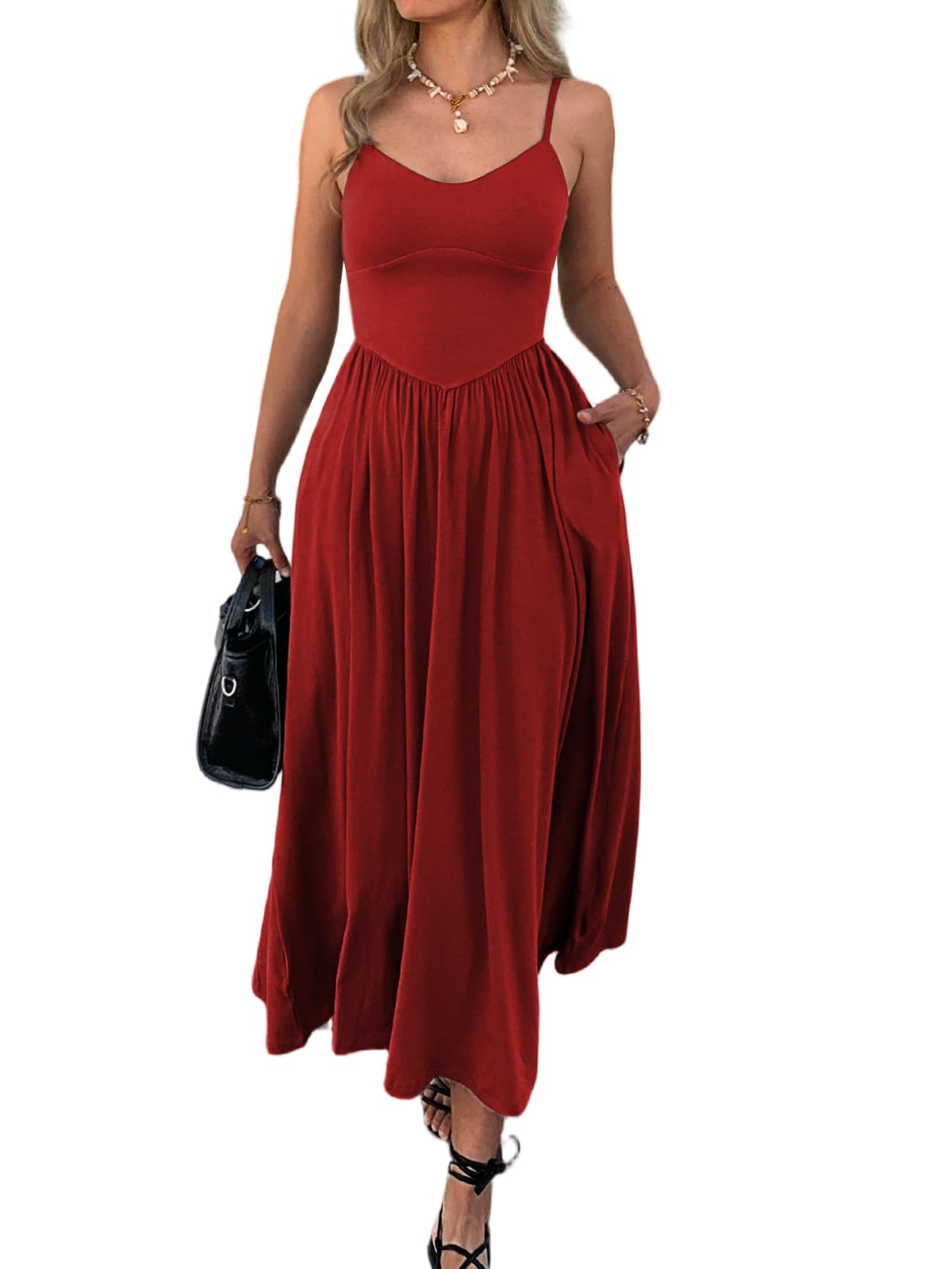 Womens Spaghetti Strap Maxi Dresses Summer Casual Sleeveless A Line Long Flowy Dress with Pockets Beach Sundresses