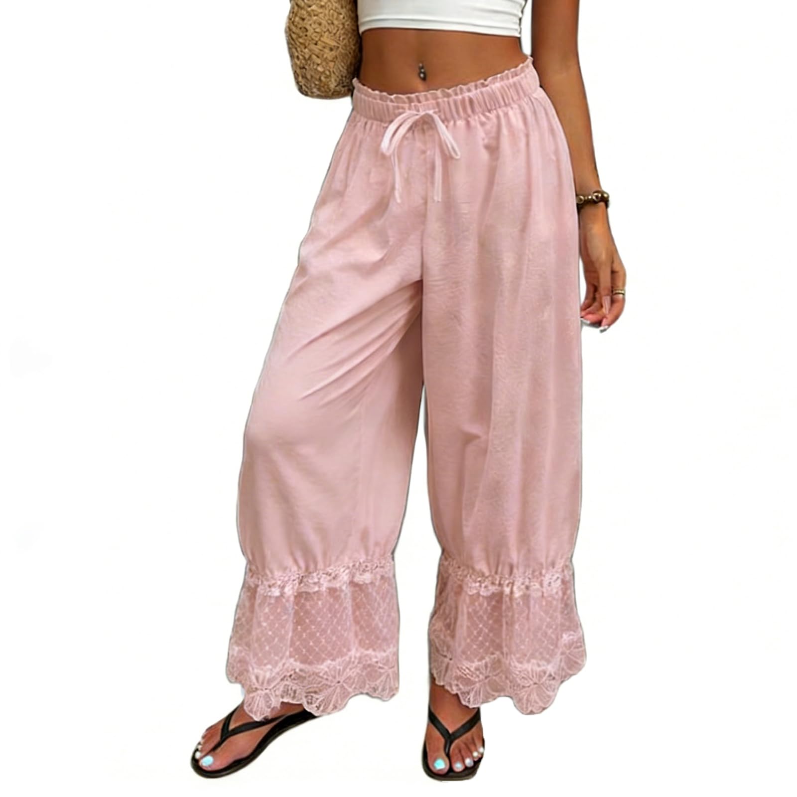 Women Bloomers Pants Y2K Flare Lace Trim Vintage Pantaloons Cute Ruffled Pumpkin Pants Capri Pajama Bottoms