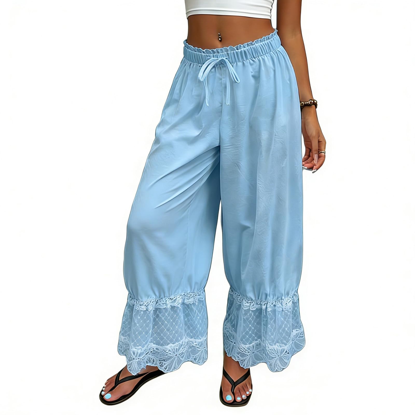 Women Bloomers Pants Y2K Flare Lace Trim Vintage Pantaloons Cute Ruffled Pumpkin Pants Capri Pajama Bottoms