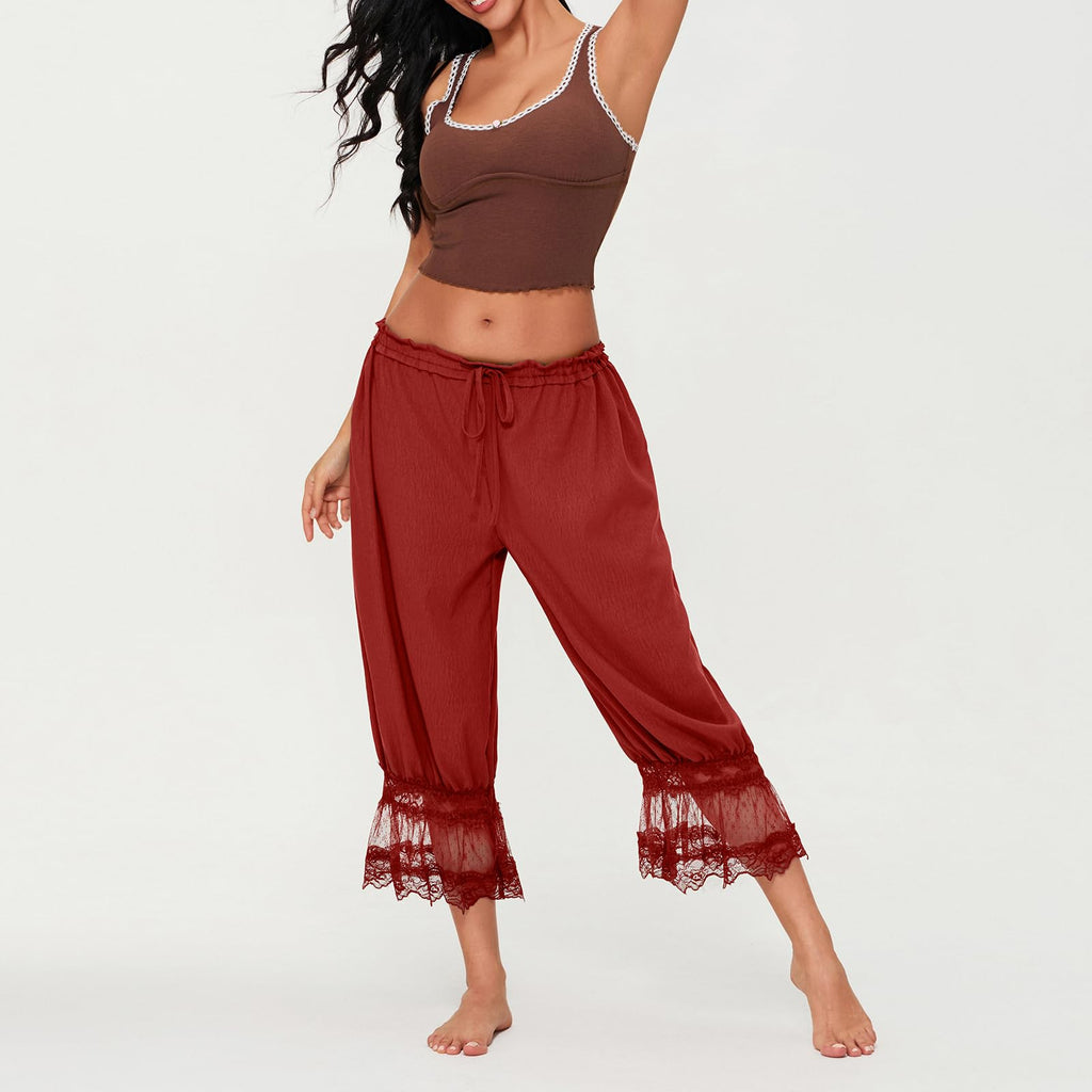 Women Lace Trim Long Bloomers Y2k Elastic Mid Rise Floral Ruffle Pantaloons Flared Slips Pants Pajama Bottoms