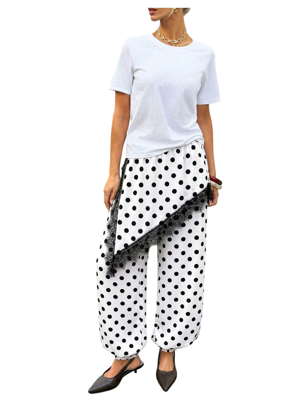 GORGLITTER Women's Satin Skirt Pants Lace Trim High Waisted Asymmetrical Hem Balloon Pants