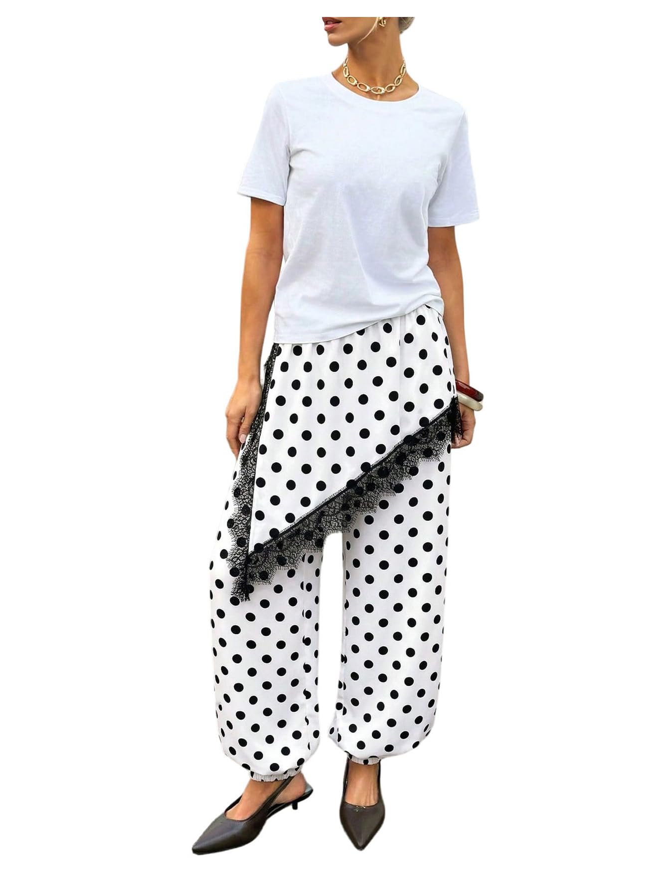 GORGLITTER Women's Satin Skirt Pants Lace Trim High Waisted Asymmetrical Hem Balloon Pants