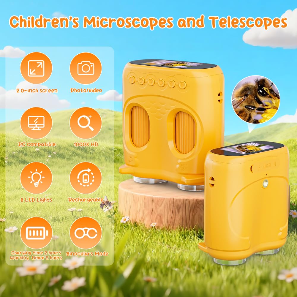 2-in-1 Kids Microscope Telescope, Temodu 2.0" 1000X Digital Microscope for Kids, HD Portable Education Telescope for Kids Birthday Festival Gift, Science Fun Toys for Children Age 4-12 (Yellow)