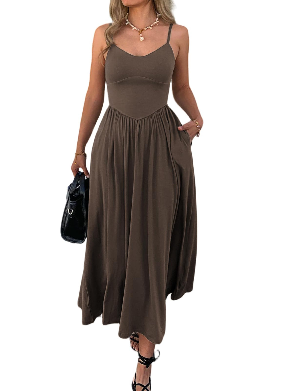 Womens Spaghetti Strap Maxi Dresses Summer Casual Sleeveless A Line Long Flowy Dress with Pockets Beach Sundresses