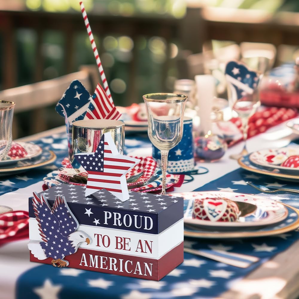 DECSPAS 4th of July Decorations, Memorial Day Decorations, Wooden Stacked Books Sign with Stars, Patriotic Independence Day American Eagle Decor for The Home, Fourth of July, Tiered Tray Table Mantel