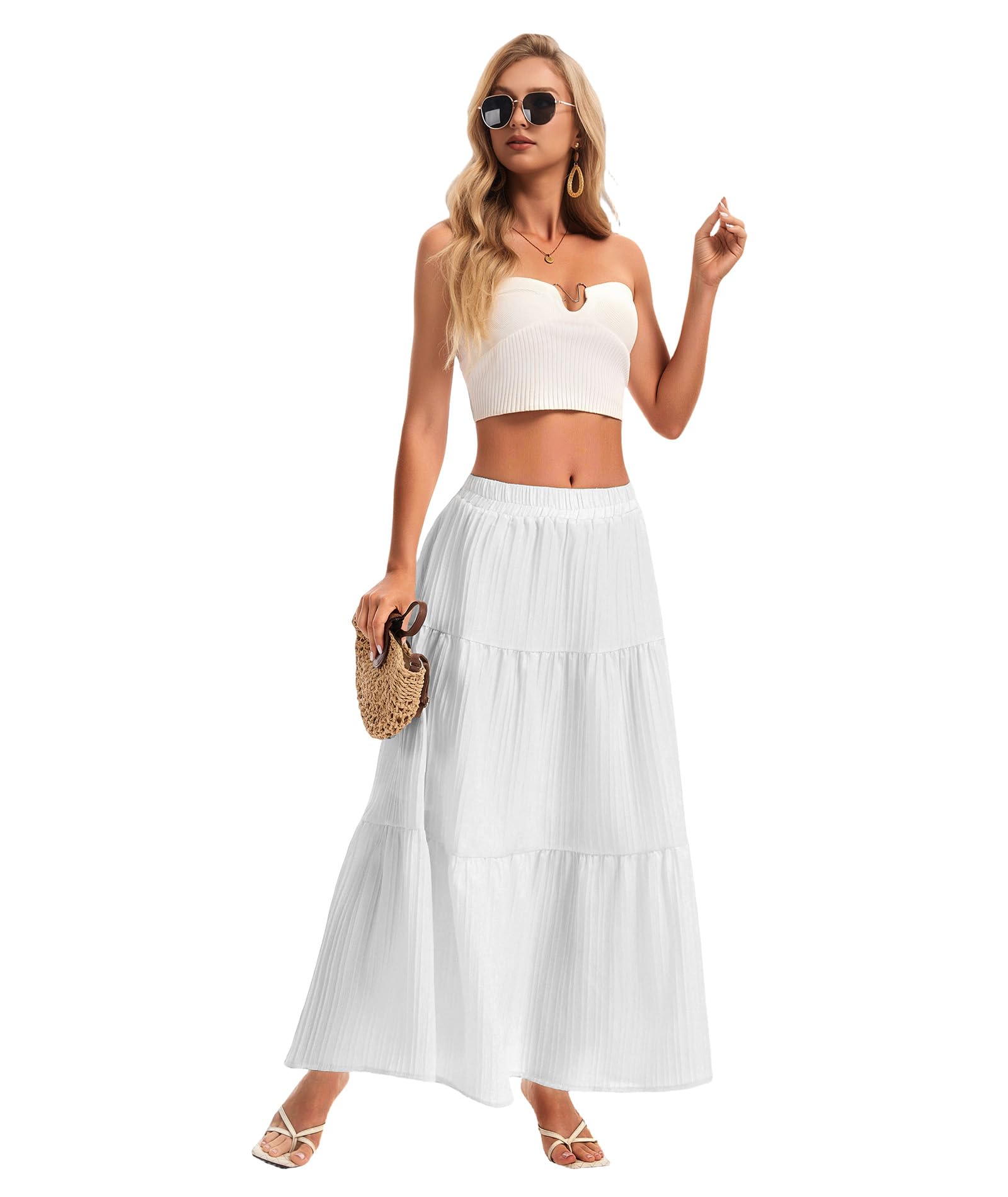 Womens Maxi Skirt Boho Long Flowy Skirts Trendy Summer 2026 Tiered Ruffle Skirt A Line Casual Beach Vacation Dress
