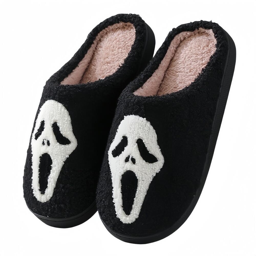 Halloween Slippers for Women Retro Soft Cozy Comfy Plush Lightweight Slip-on Indoor Outdoor Anti-Skid Sole Christmas House Shoes