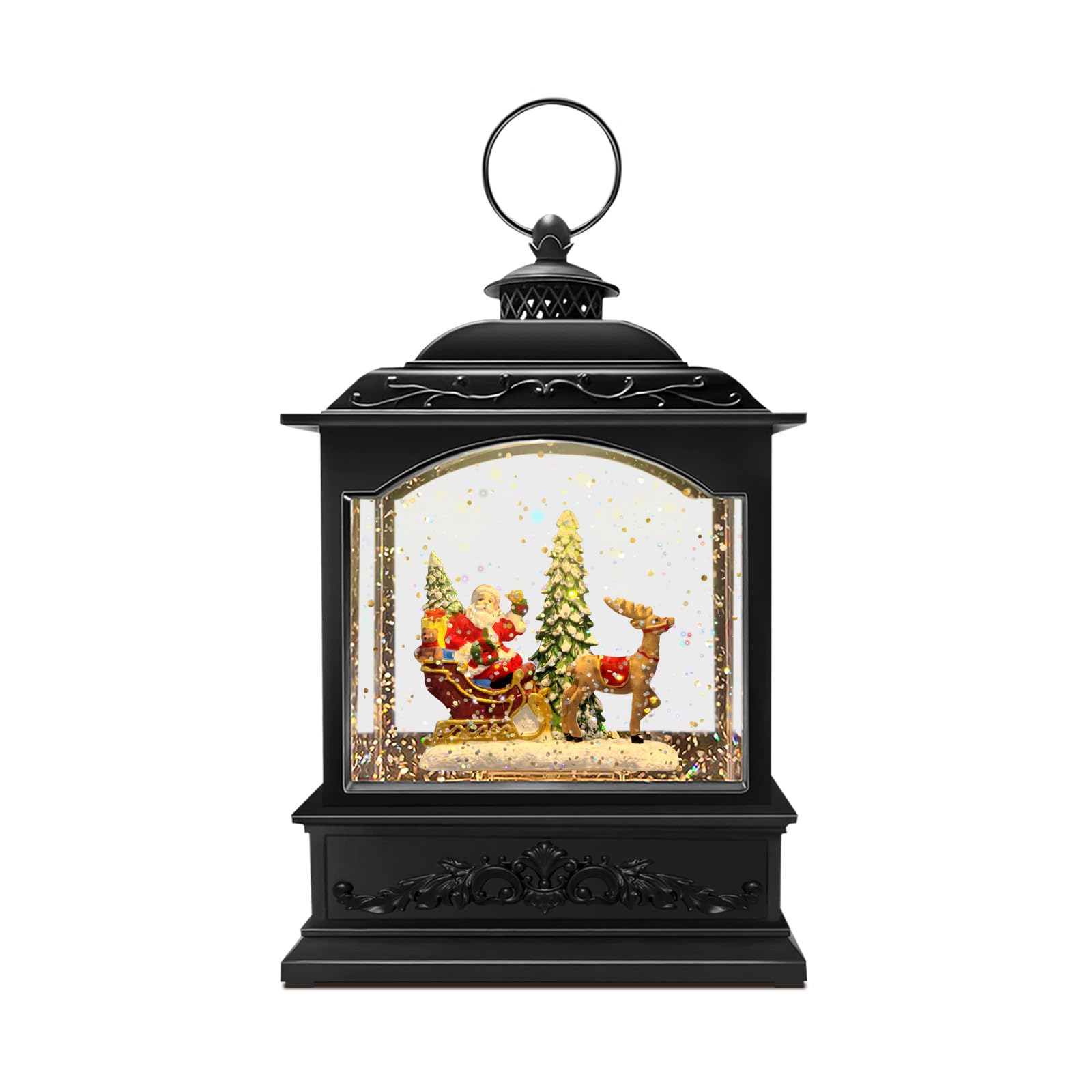 Christmas Snow Globe Candle Lantern with Snowman & Reindeer, Vintage-Style LED with Glitter Swirl & 6H Timer, Battery Operated (3×AA) Holiday Decoration for Tabletop & Mantel