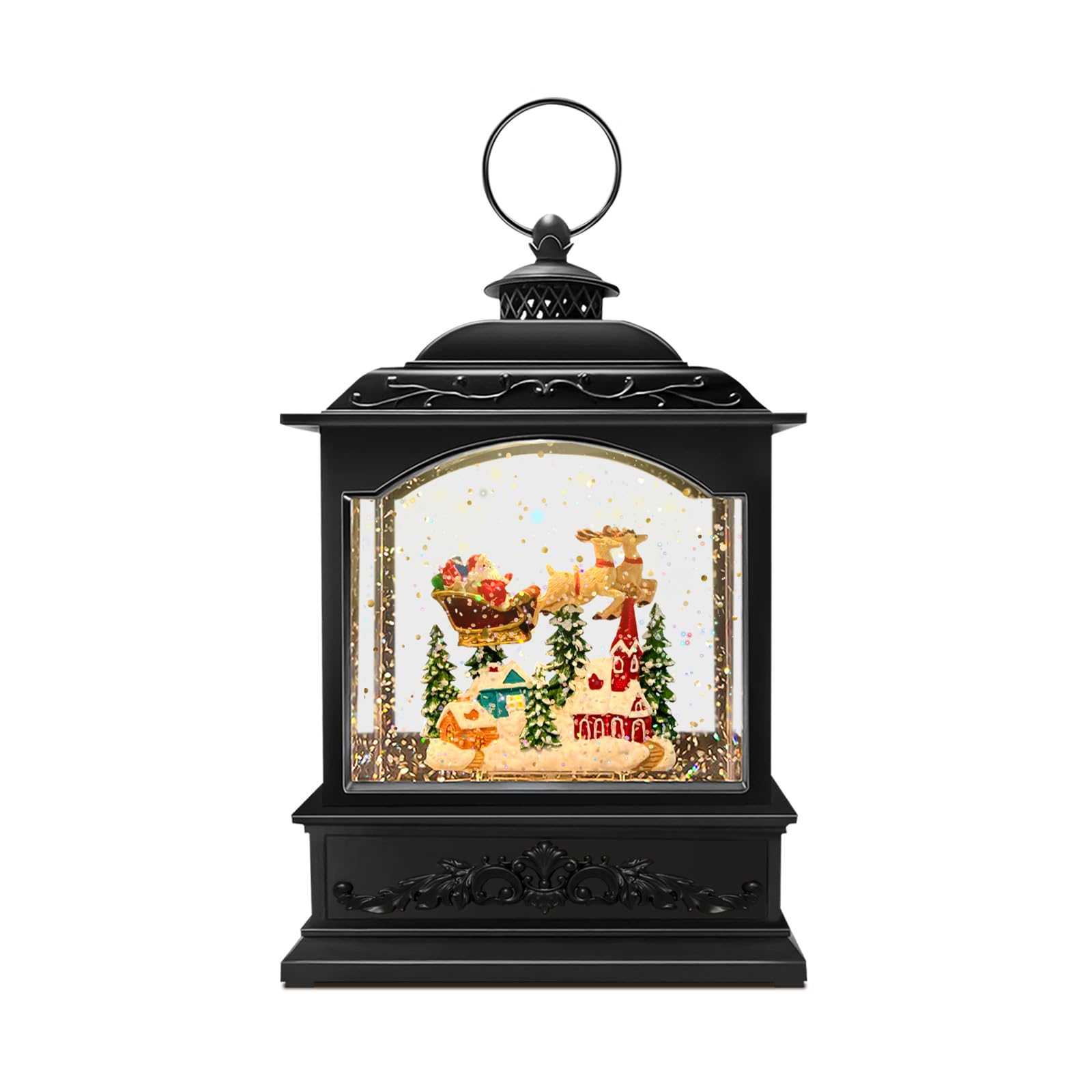 Christmas Snow Globe Candle Lantern with Snowman & Reindeer, Vintage-Style LED with Glitter Swirl & 6H Timer, Battery Operated (3×AA) Holiday Decoration for Tabletop & Mantel