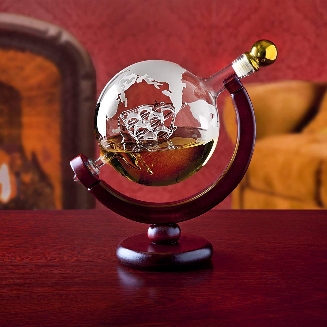 Godinger Whiskey Decanter Globe Set with 4 Etched Glasses for Liquor, Scotch, Bourbon, Vodka, Gifts for Men - 850ml Clear
