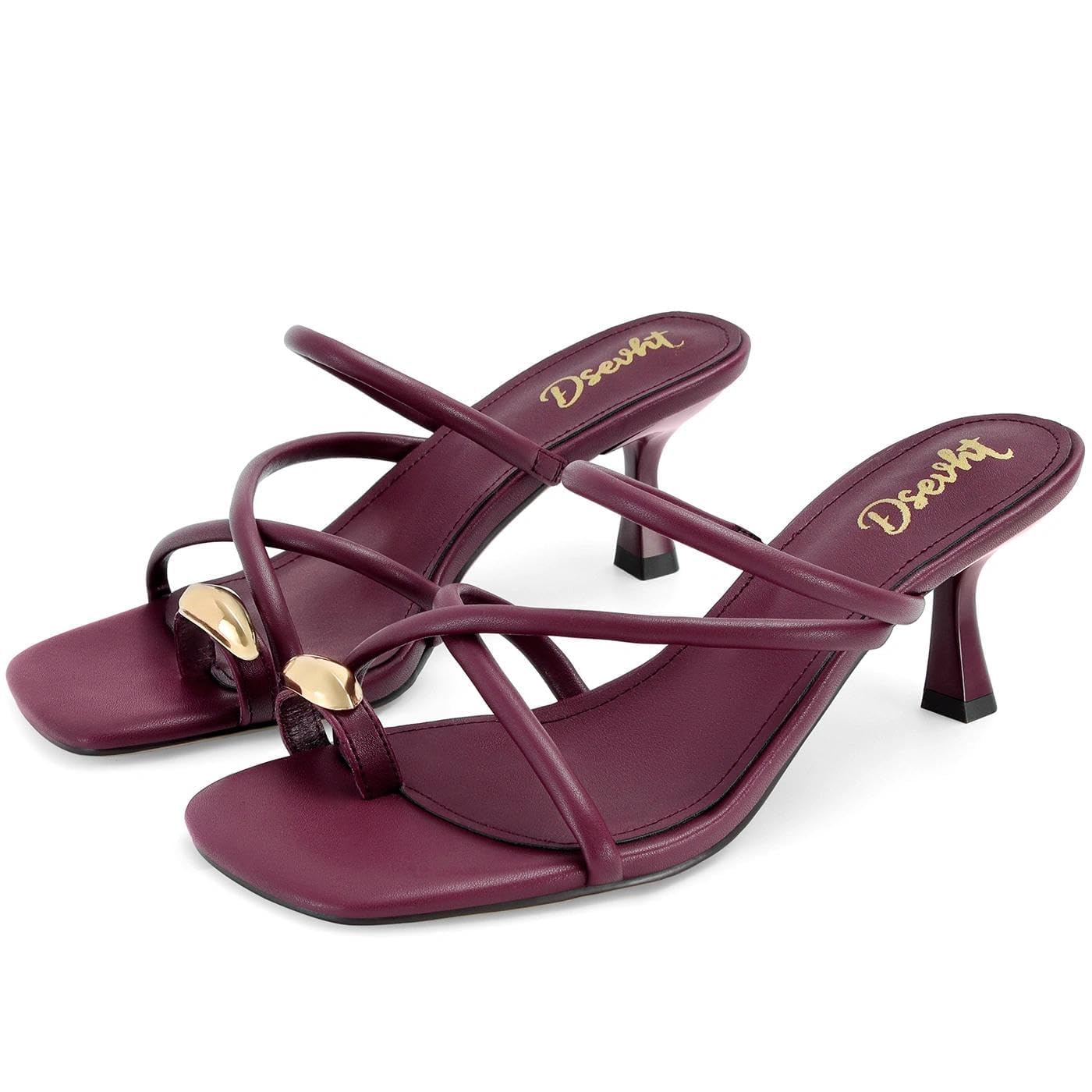 Dsevht Strappy Kitten Heel Sandals Toe Ring Flip Flop Stiletto Low Short Thong Heels Slip On Square Open Toe Summer Dress Shoes for Women