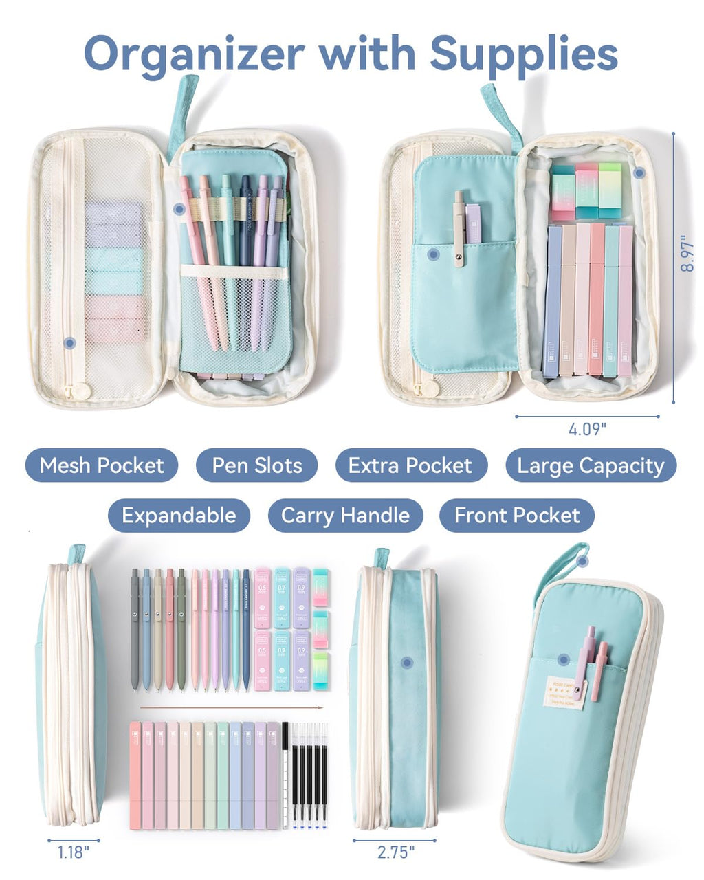 Four Candies 39 PCS Aesthetic Stationery Set with Cute Pen Case, College Supplies and Nursing Student Essentials, 12 Pastel Highlighters, 5 Black Gel Pens, 6 Mechanical Pencils, Blue