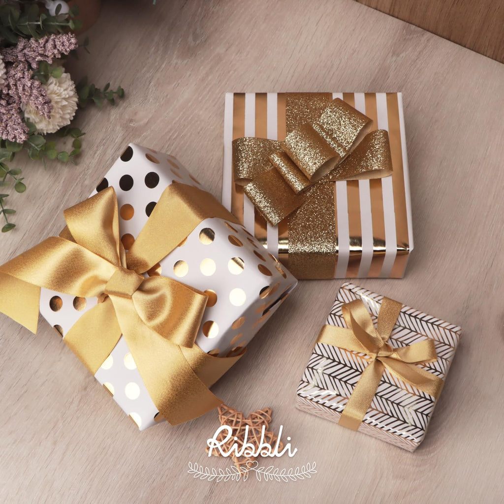 Ribbli Birthday Wrapping Paper Iridescent Gift Wrapping Paper Mini Roll, 3 Rolls Happy Birthday Polka Dots Stripes Printed Assortment - 17 inch x 120 inch(10feet) Per Roll