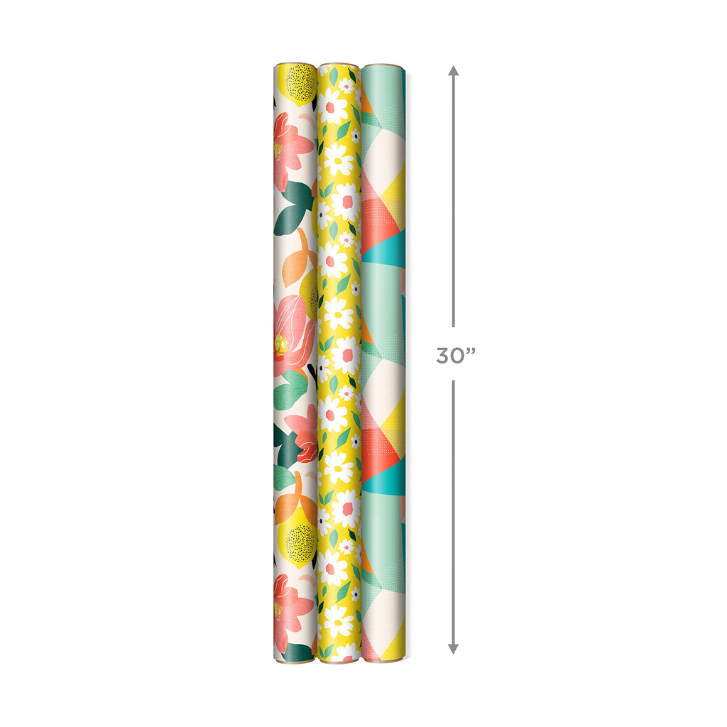 Hallmark Reversible Spring Wrapping Paper (3 Rolls: 75 Sq. Ft. Ttl) Floral, Lemons, Bright Abstract for Easter, Birthdays, Mother's Day, Bridal Showers, Baby Showers
