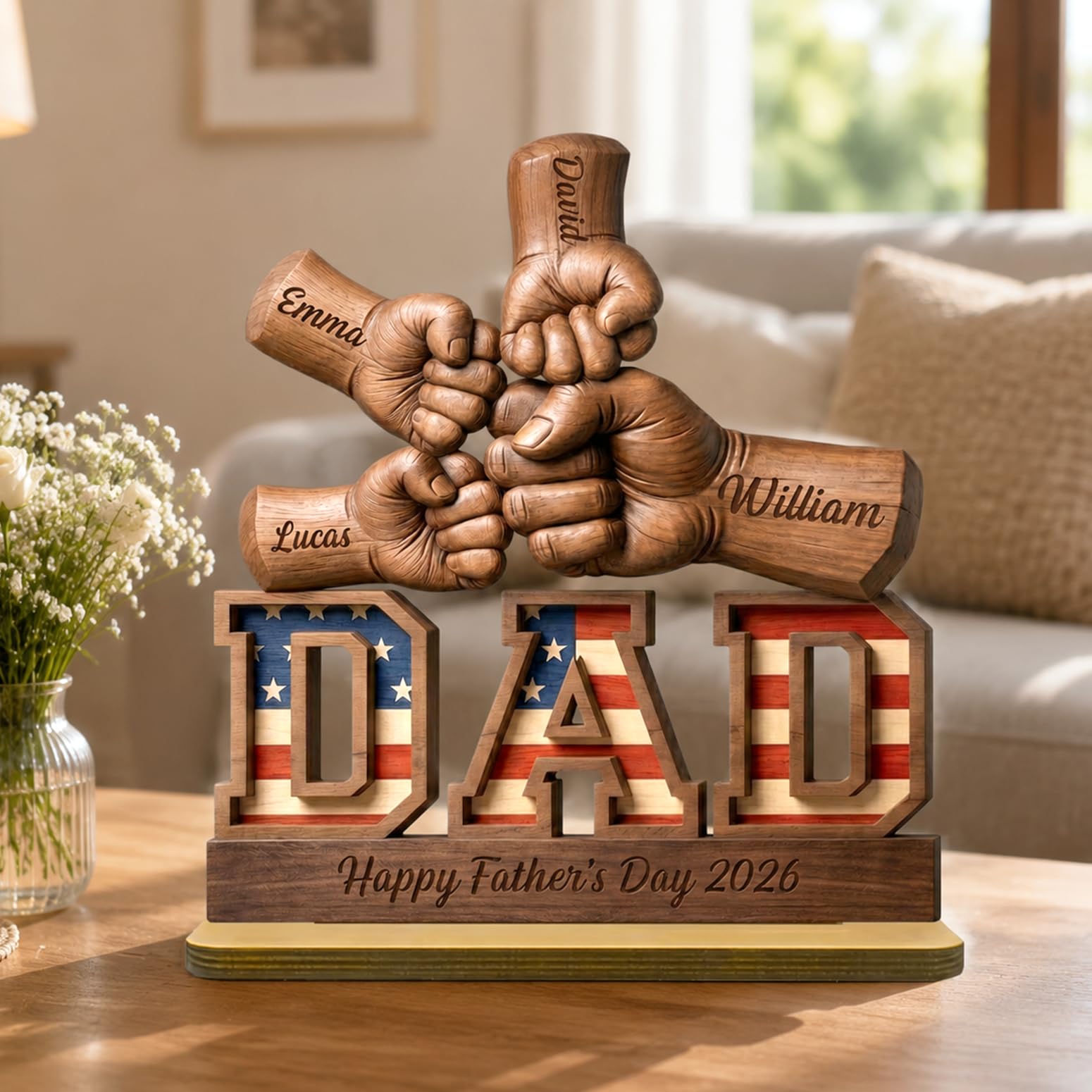 Personalized Fist Bump Dad and Kids Name Wooden Plaque, Custom Fathers Day Plaque for Dad Grandpa, Customized Sign Decorations for Daddy, Grandpa, Heartfelt Father's Day Birthday Gifts for Husband