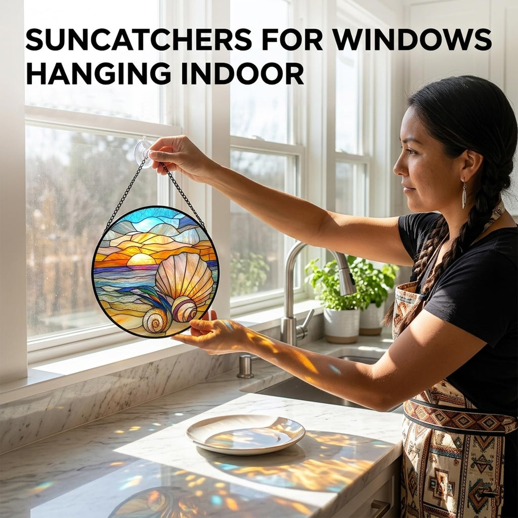 Birthday Gifts for Women - Beach Shell Faux Stained Glass Window Hanging Sun Catcher for Door Garden Acrylic Ocean Decor Mother's Day Christmas for Mom Men Nana Grandma Sisters 6.3"
