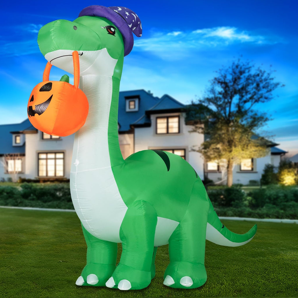 Kendane 10FT Halloween Inflatable Huge Dinosaur Decorations Outdoor, Blow Up Yard Decorations Built-in LED Lights,Halloween Party Decorations with Witch Hat and Pumpkin,for Garden/Lawn.