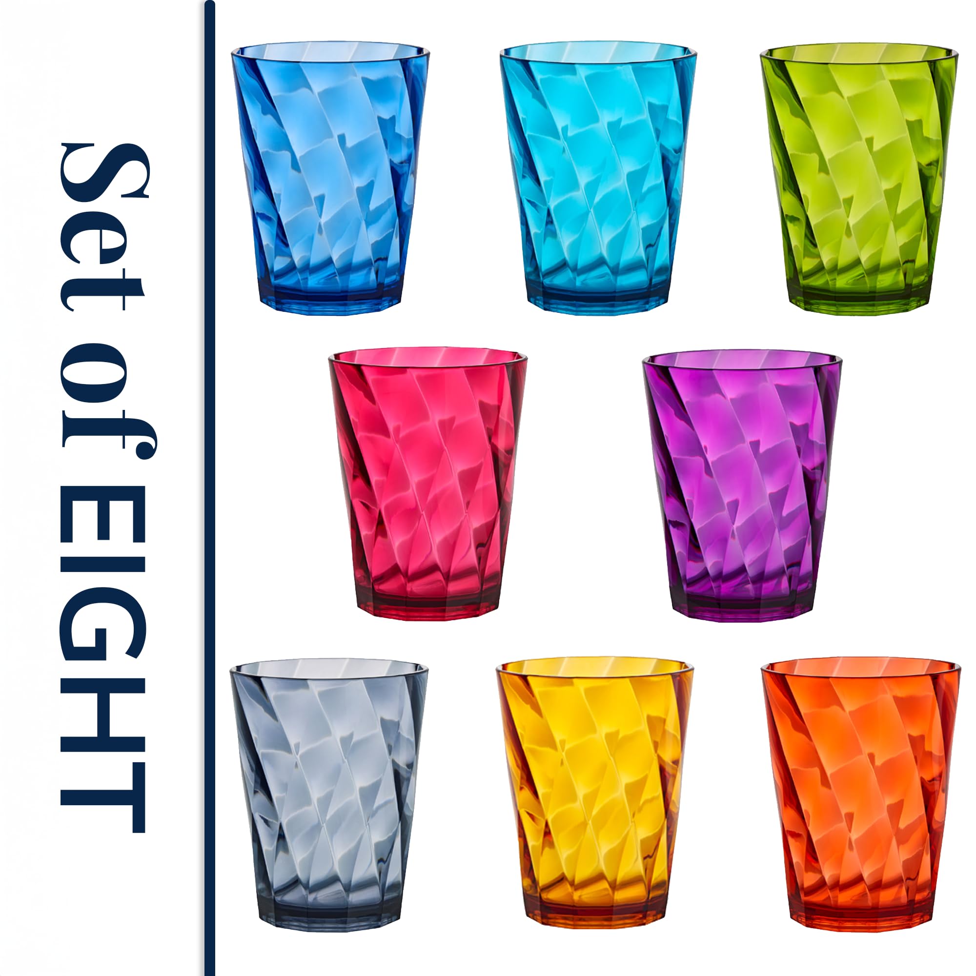 US Acrylic Optix Plastic Reusable Drinking Glasses (Set of 8) 20oz Water Cups in Jewel Tone Colors | BPA-Free Tumblers, Made in USA | Top-Rack Dishwasher Safe
