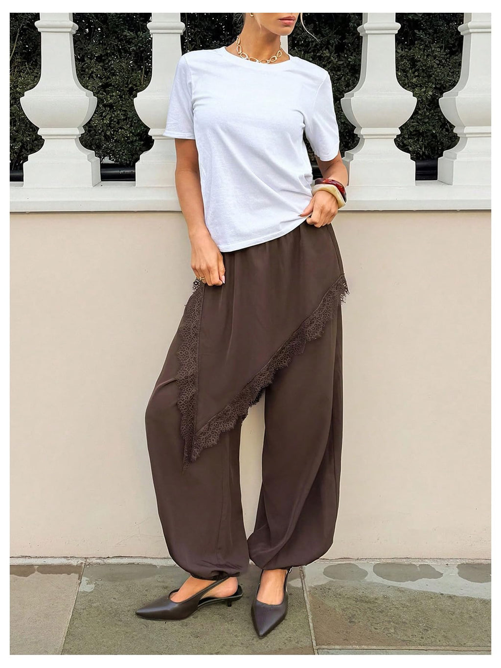 GORGLITTER Women's Satin Skirt Pants Lace Trim High Waisted Asymmetrical Hem Balloon Pants