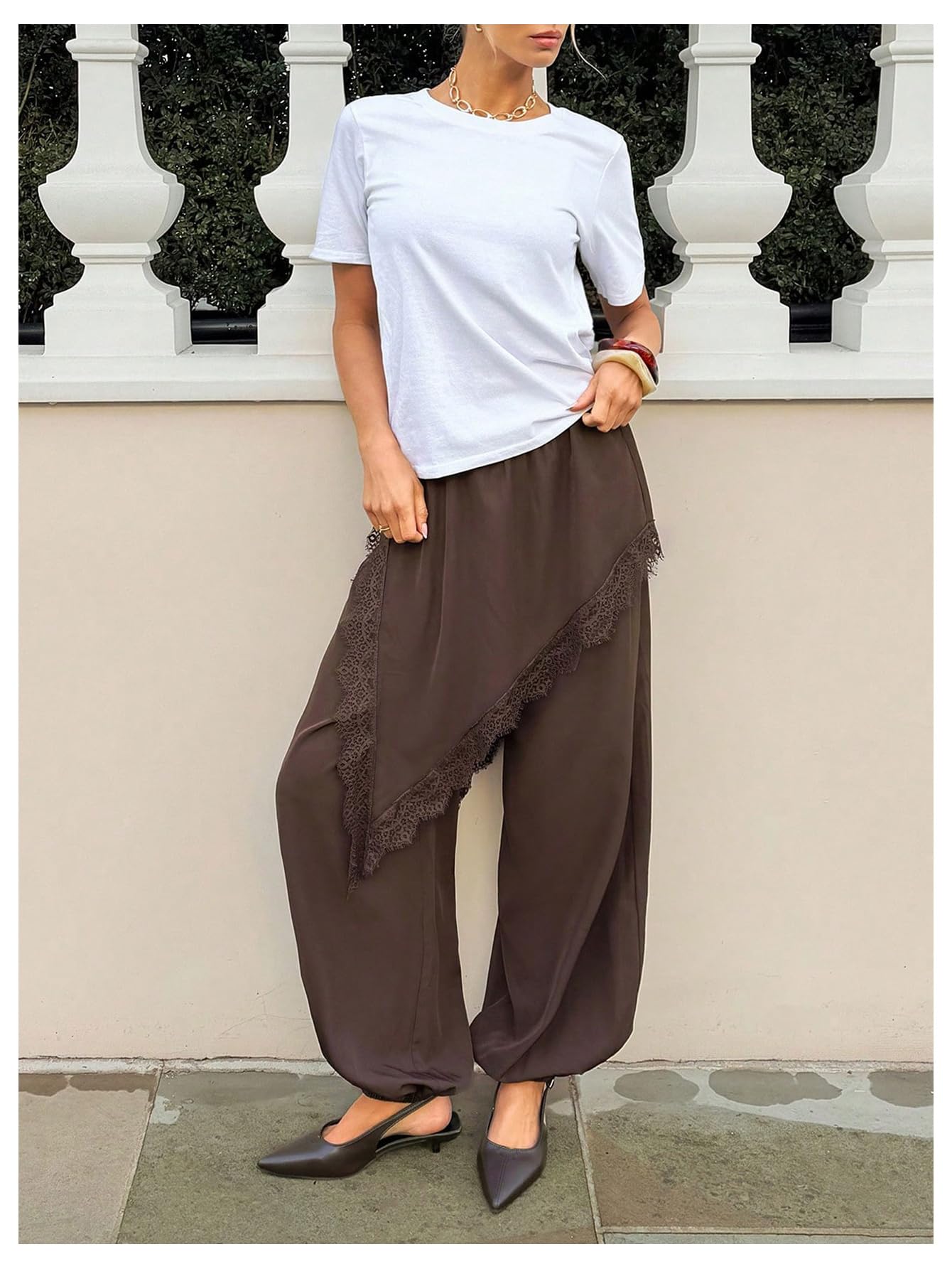 GORGLITTER Women's Satin Skirt Pants Lace Trim High Waisted Asymmetrical Hem Balloon Pants