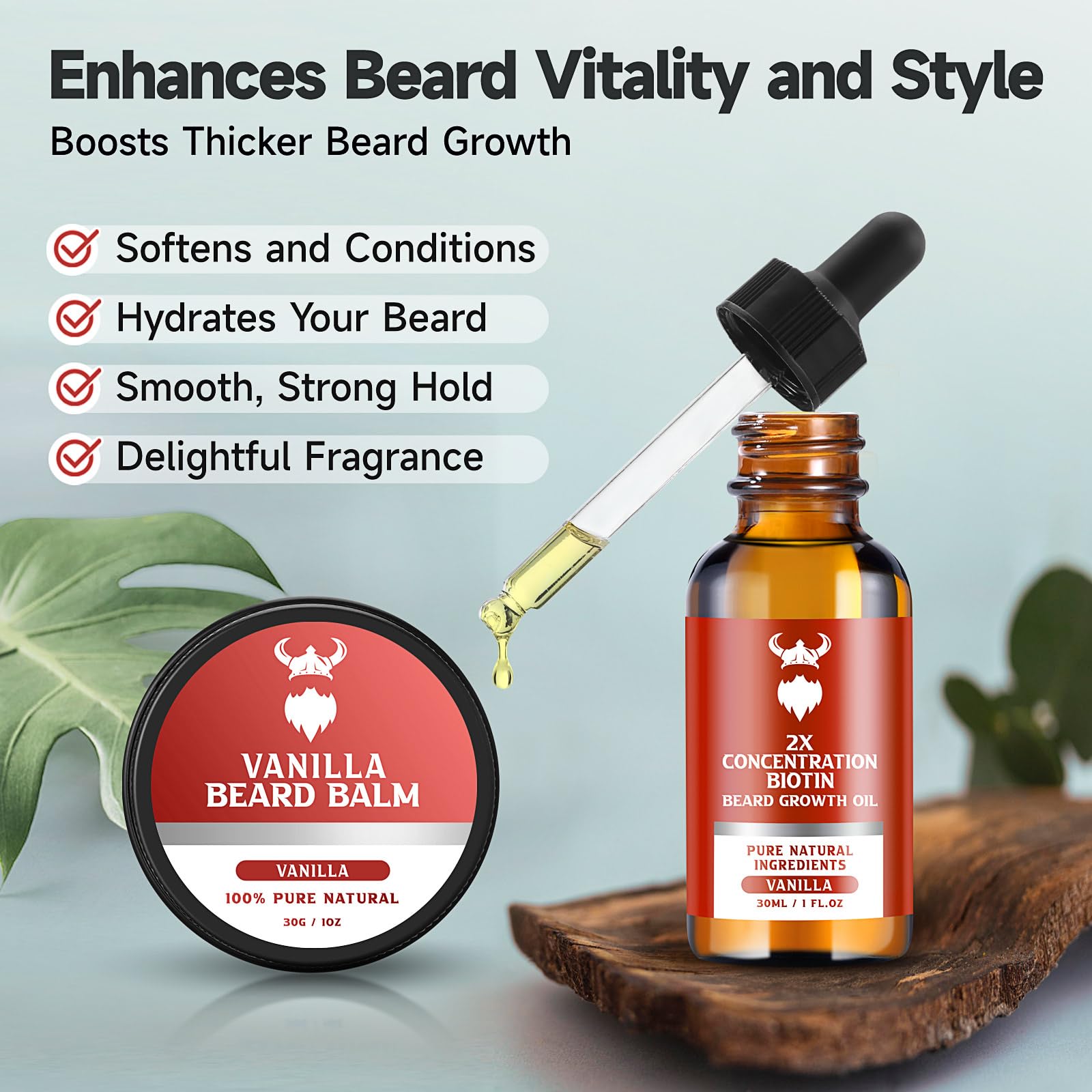 MistySprite Beard Growth Kit for Men, 2X Concentration Biotin Beard Oil & Styling Balm, Natural Facial Hair Conditioner with Argan, Jojoba & Vitamin E, Sandalwood Scent Softener