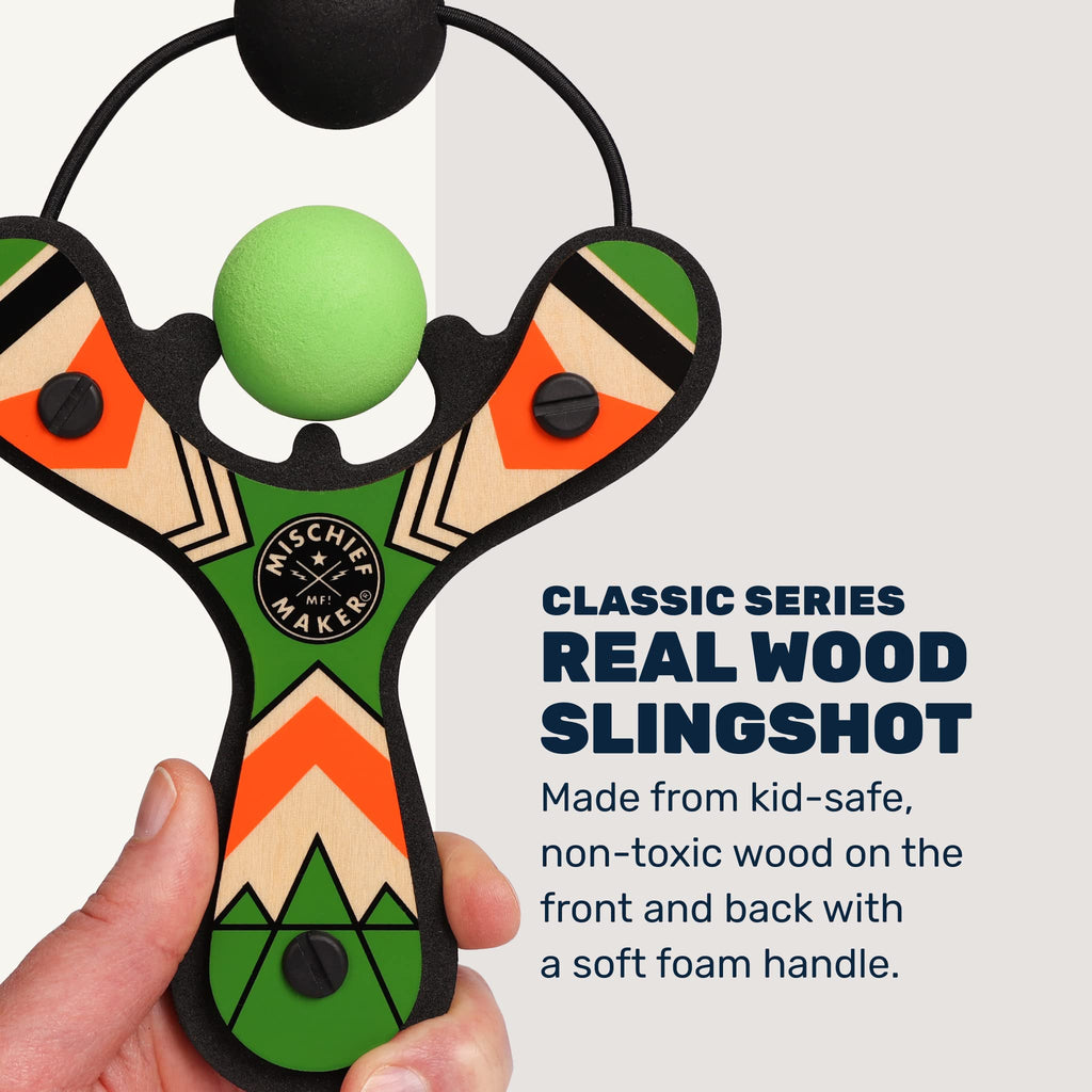 Mighty Fun! - Mischief Maker® Wooden Slingshot - Classic Series - Real Wood Slingshot for Kids, 4 Soft Foam Balls and Storage Bag - Ages 4+ (red)