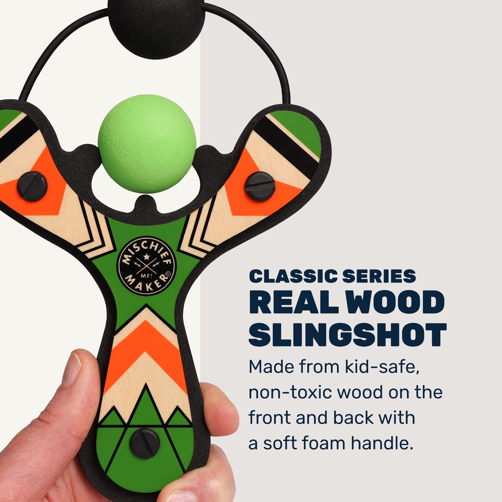 Mighty Fun! - Mischief Maker® Wooden Slingshot - Classic Series - Real Wood Slingshot for Kids, 4 Soft Foam Balls and Storage Bag - Ages 4+ (red)