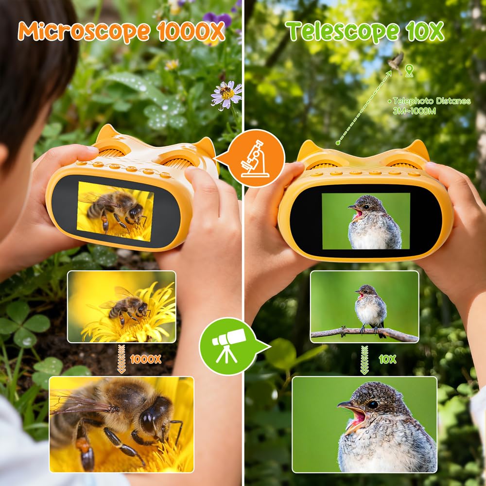 2-in-1 Kids Microscope Telescope, Temodu 2.0" 1000X Digital Microscope for Kids, HD Portable Education Telescope for Kids Birthday Festival Gift, Science Fun Toys for Children Age 4-12 (Yellow)