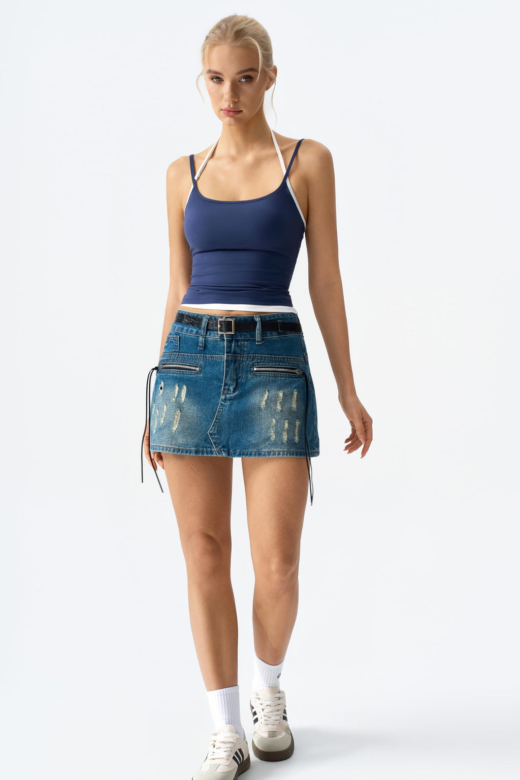 QINSEN Women's Spaghetti Strap Tank Top Slim Fitting Layered Halter Neck Sleeveless Crop Cami Shirt
