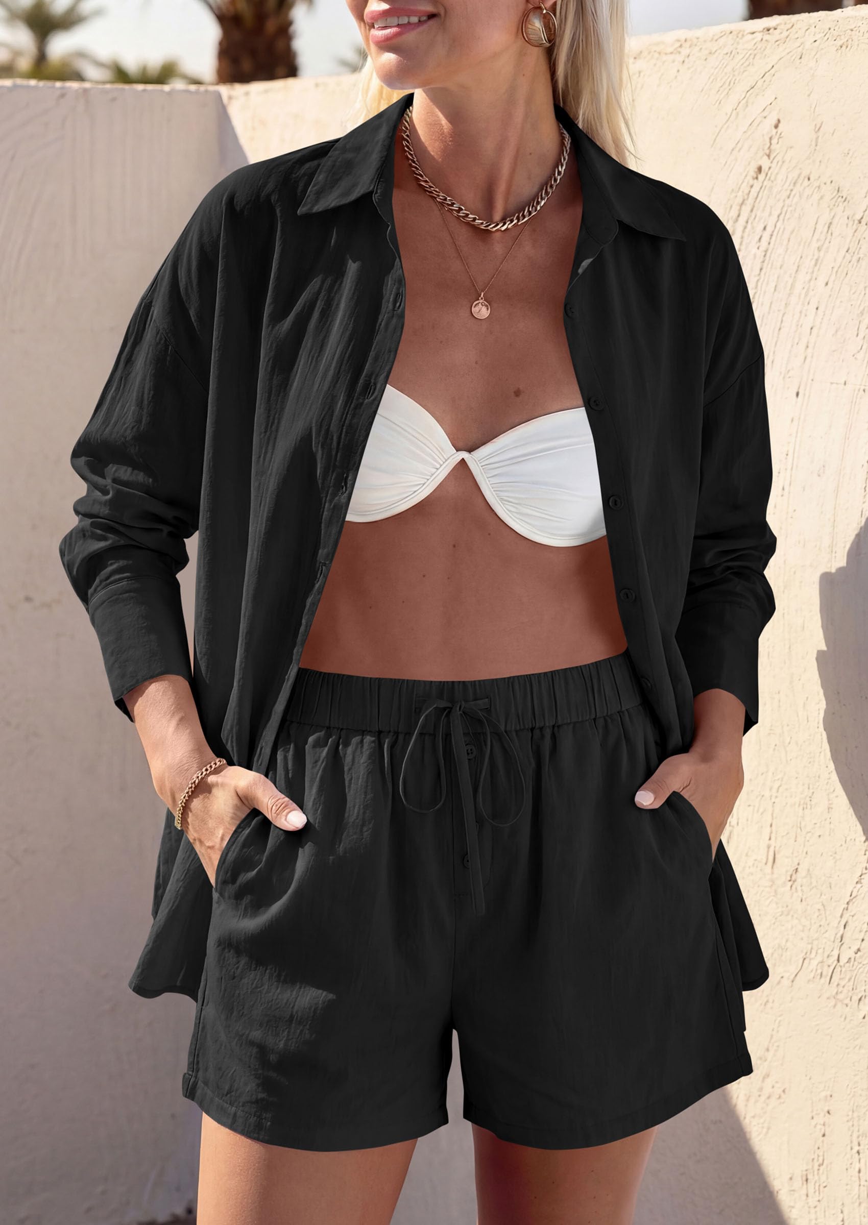 PRETTYGARDEN Women's Summer 2 Piece Matching Lounge Sets Pajamas Long Sleeve Shirts Blouse Pockets Shorts 2026 Spring Outfits