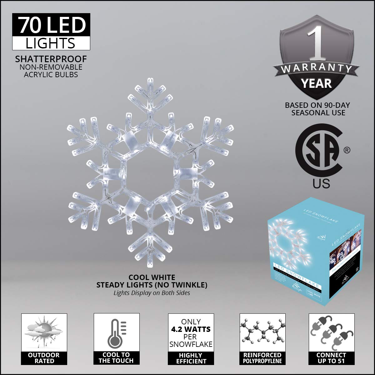 Kringle Traditions Christmas Snowflake Lights Outdoor, 105 LED 36" Folding Warm White Snowflake Hanging Light, Weather-Resistant Christmas Decoration for Yard, Window, Porch, or Eave