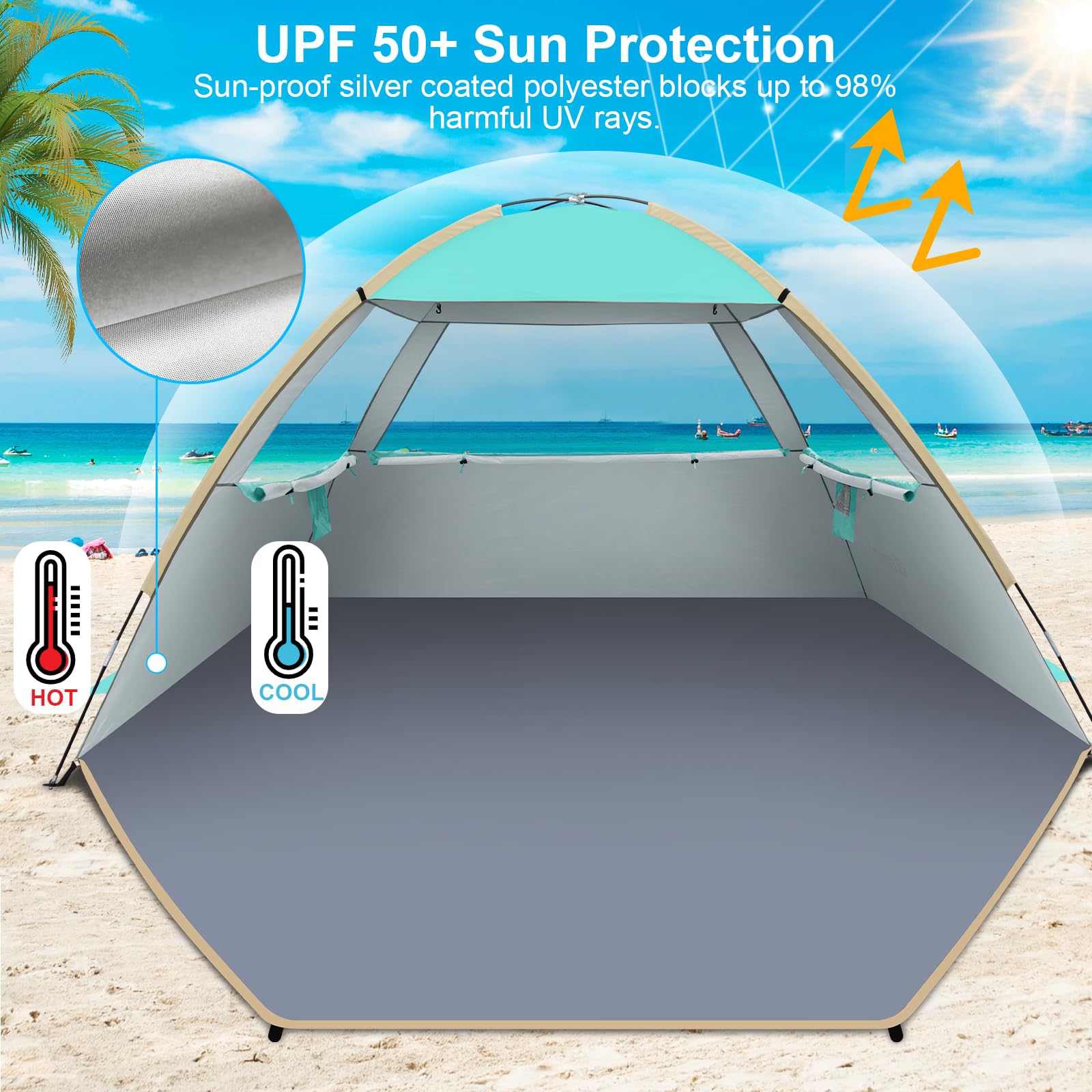 Gorich Beach Tent Sun Shelter for 3/4/6/8/10 Person with UPF 50＋ UV Protection, Lightweight & Easy Setup Beach Shade Canopy, Portable Beach Shade Tent Beach Cabana