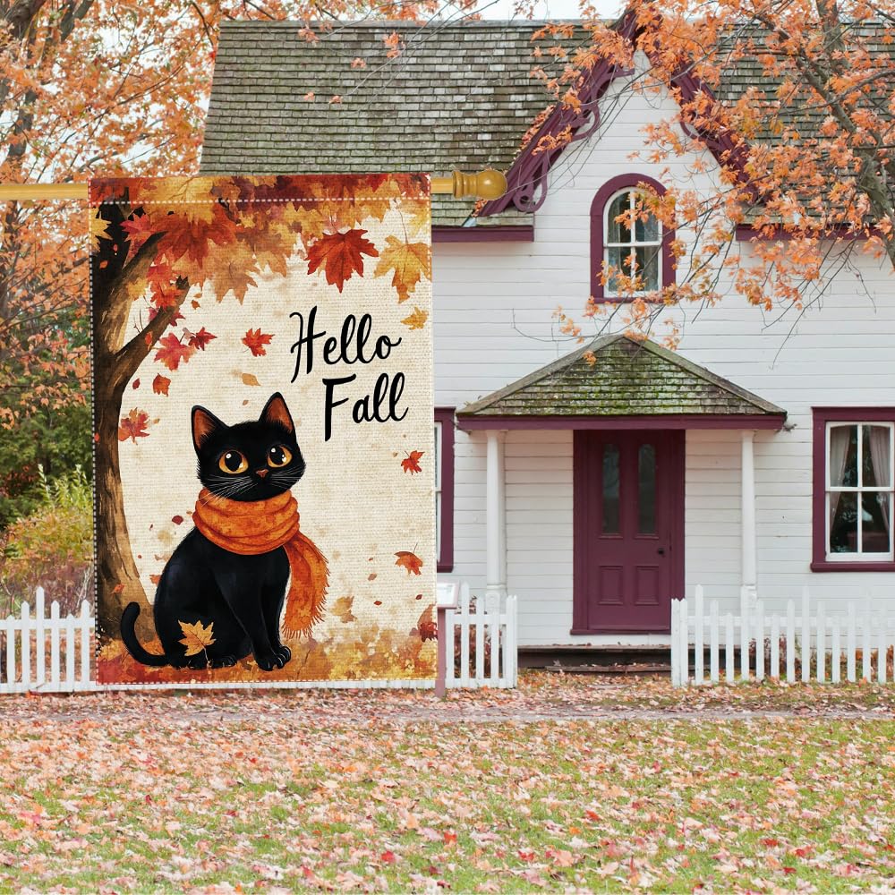 Hello Fall Garden Flag Cat Garden Flags 12x18 Inch Double Sided Vertical Autumn Farmhouse Home Decor Yard Lawn Outdoor Decorations