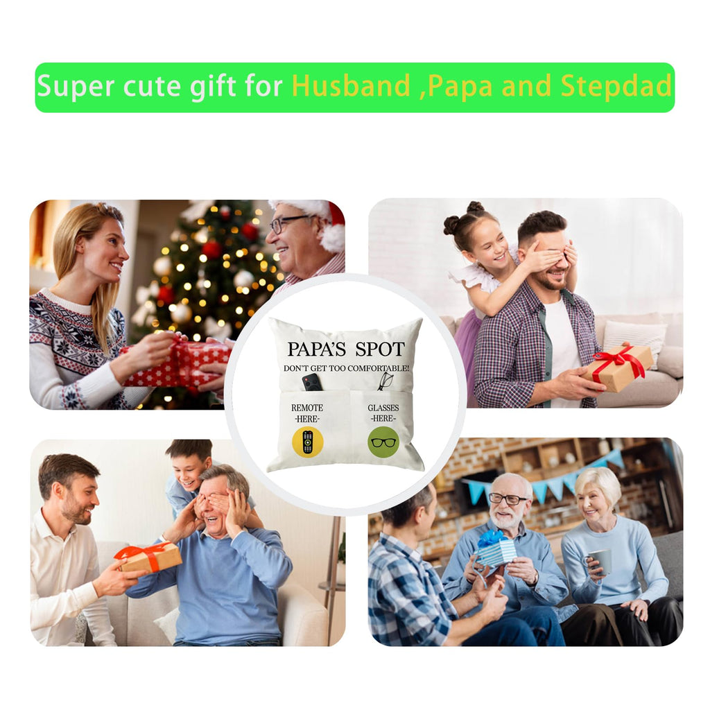 ONFAON Grandpa Gifts,Grandpa's Spot Throw Pillow Covers 18x18 Inch,Put Phone Glasses and Remote Control Pillowcase,Birthday Christmas Thanksgiving Day Gifts for Grandpa Stepdad,3-Pocket