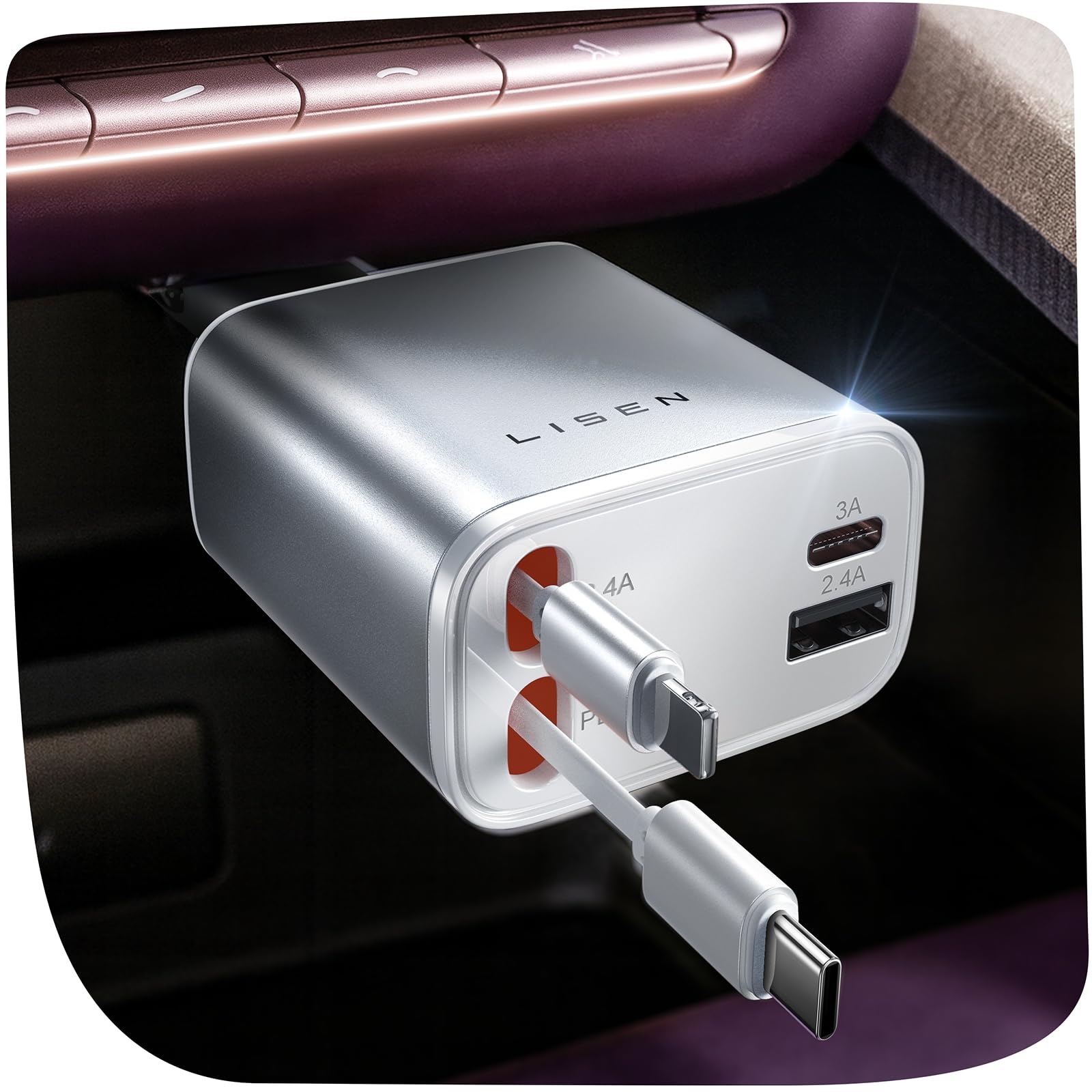 LISEN Retractable Car Charger, 84W Car Charger USB C Fast Charger Adapter for iPhone, Car Accessories for Men Women, Gifts for Fathers Day for Men Dad Husband, for iPhone 17 16 15 14 13 12 11 Samsung