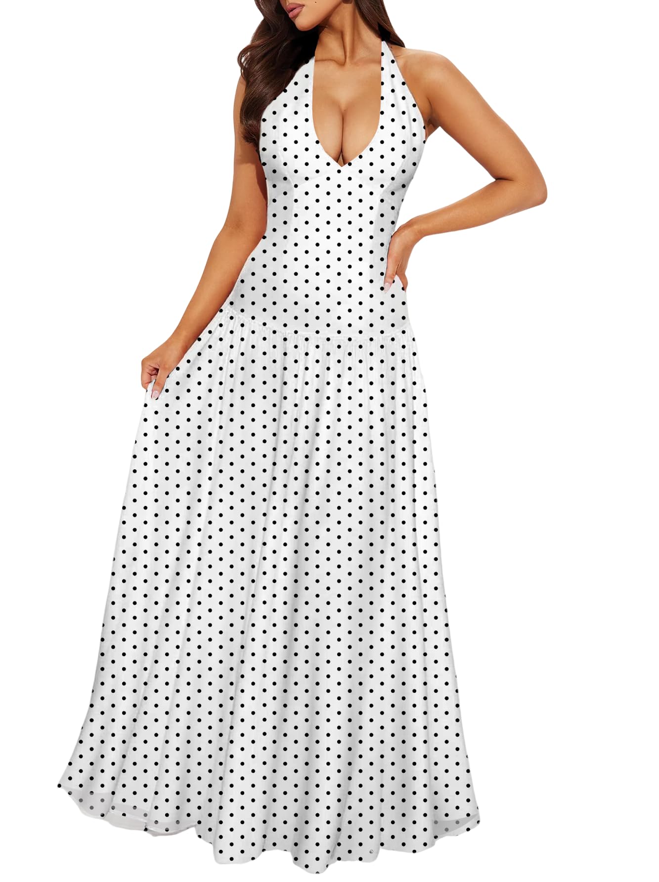 Women's Polka Dot Maxi Dress Halter Neck Sleeveless Drop Waist Flowy Summer Wedding Beach Sundress